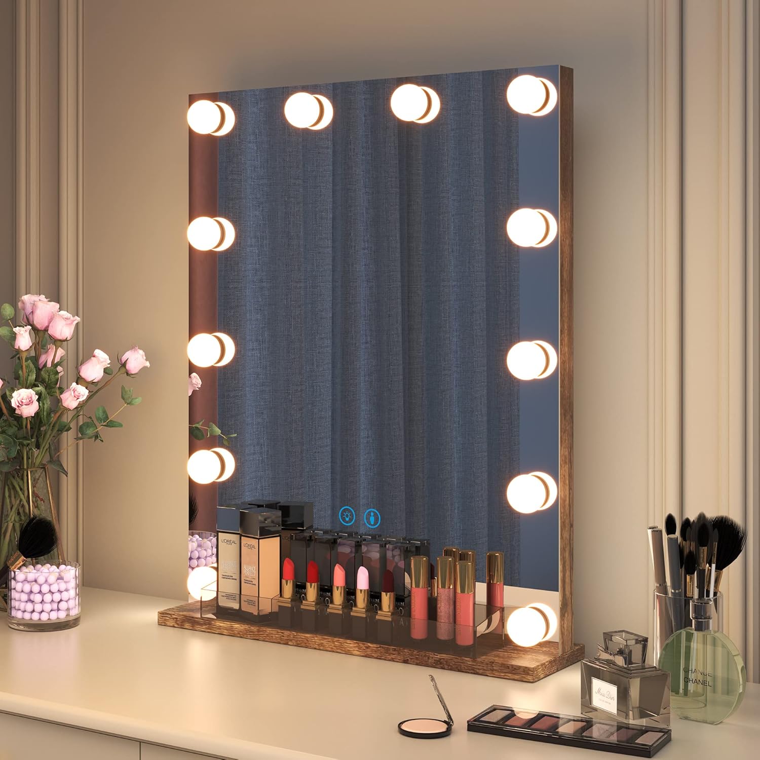 Vlsrka B09Y7YF9B5 Wood Hollywood Vanity Mirror with 12 Dimmable LED Bulbs 3 Color Lighting Modes 18 x 23 Inch Makeup Mirror with Smart Touch Control