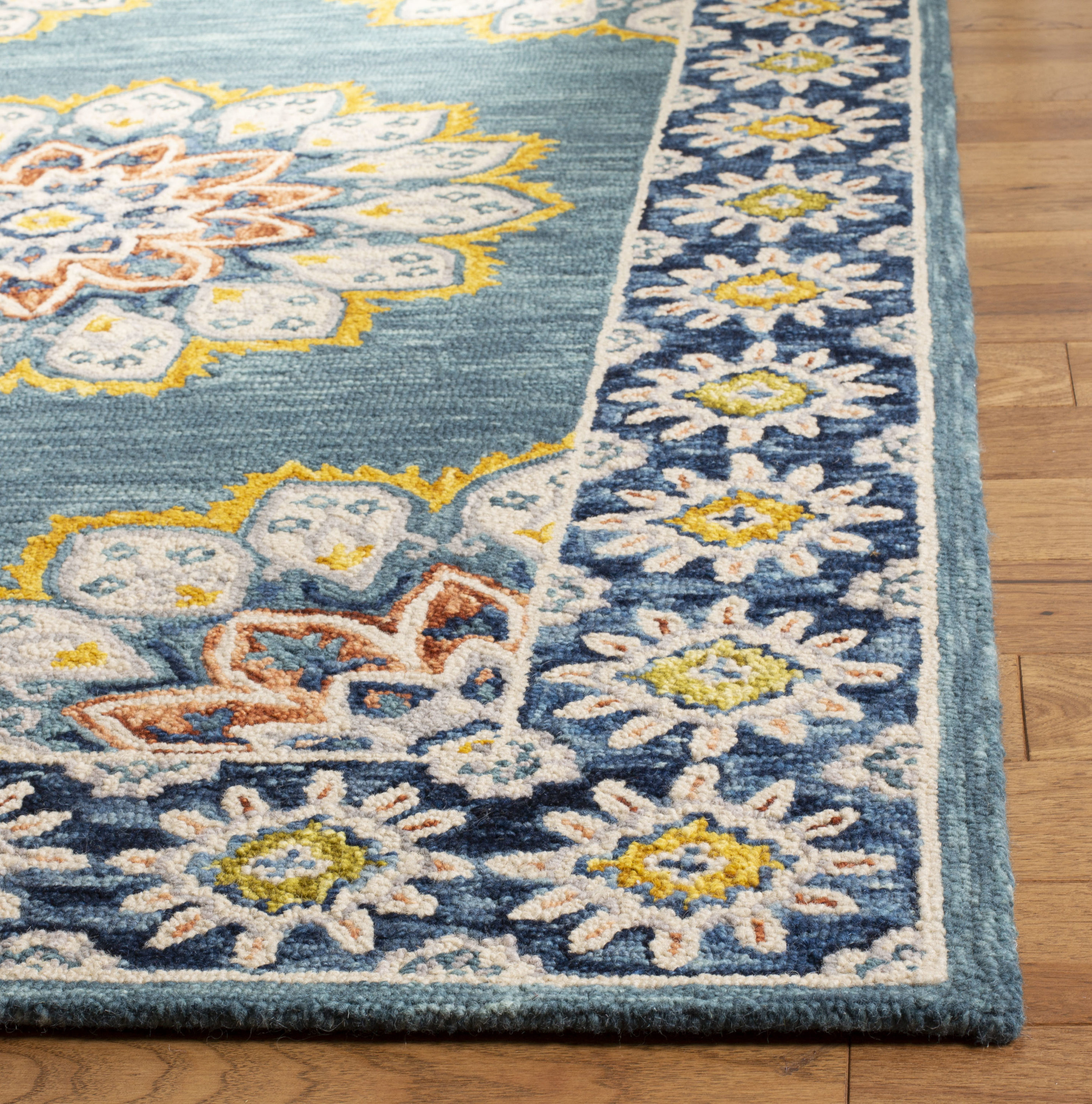 Handmade Floral Tufted Wool Area Rug, Blue and Gold, 4' x 6'