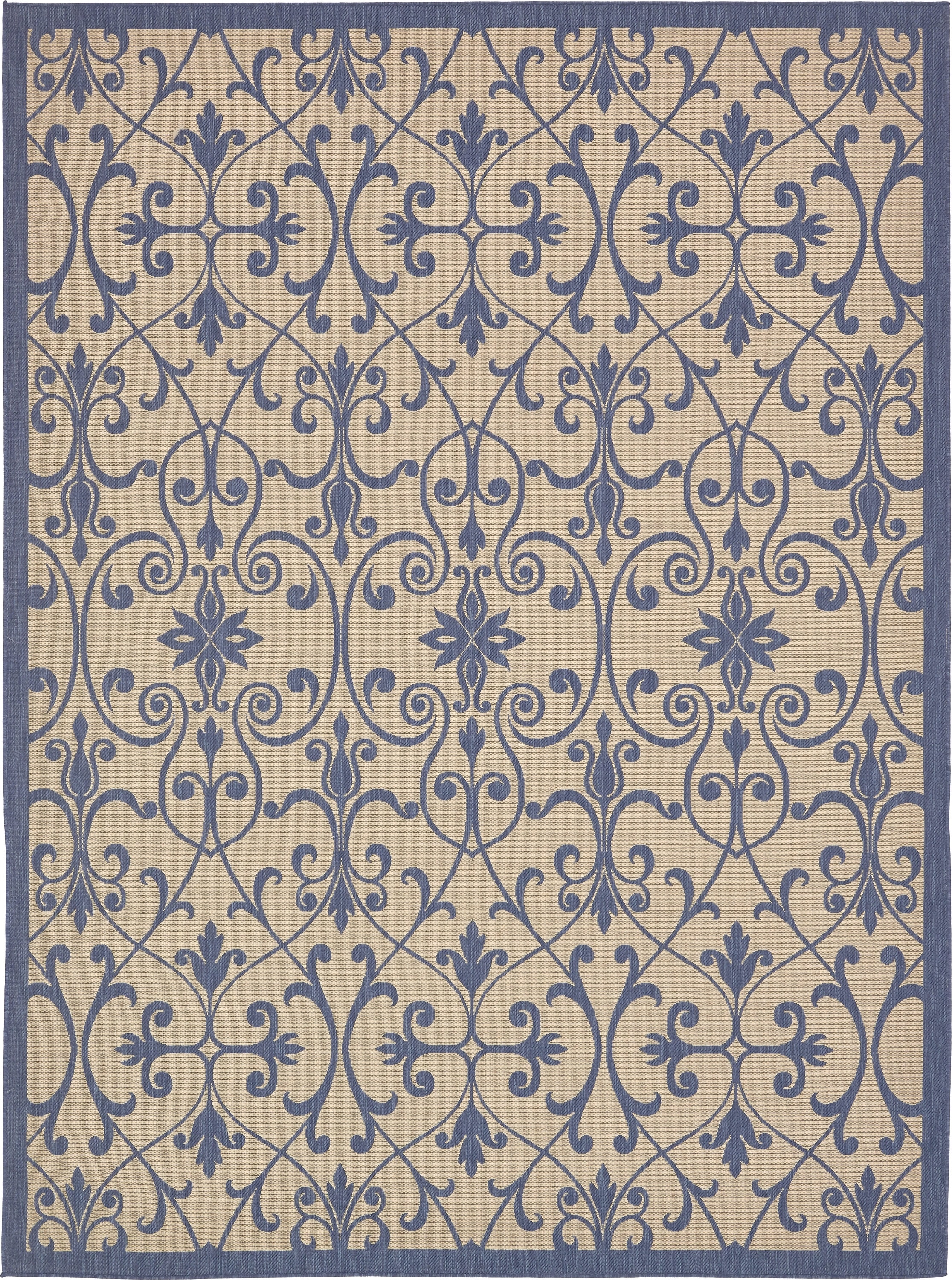 Unique Loom 3135450 Gate Outdoor 9 x 12 (ft) Loomed Polypropylene Blue/Beige Rectangular Indoor/Outdoor Damask Vintage Area rug