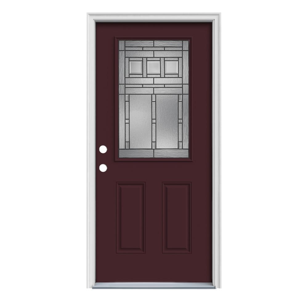 JELD-WEN LOWOLJW167000470 Craftsman 32-in x 80-in x 4-9/16-in Steel Half lite Right-hand inswing Currant Painted Prehung Front Door with Brickmould Insulating core