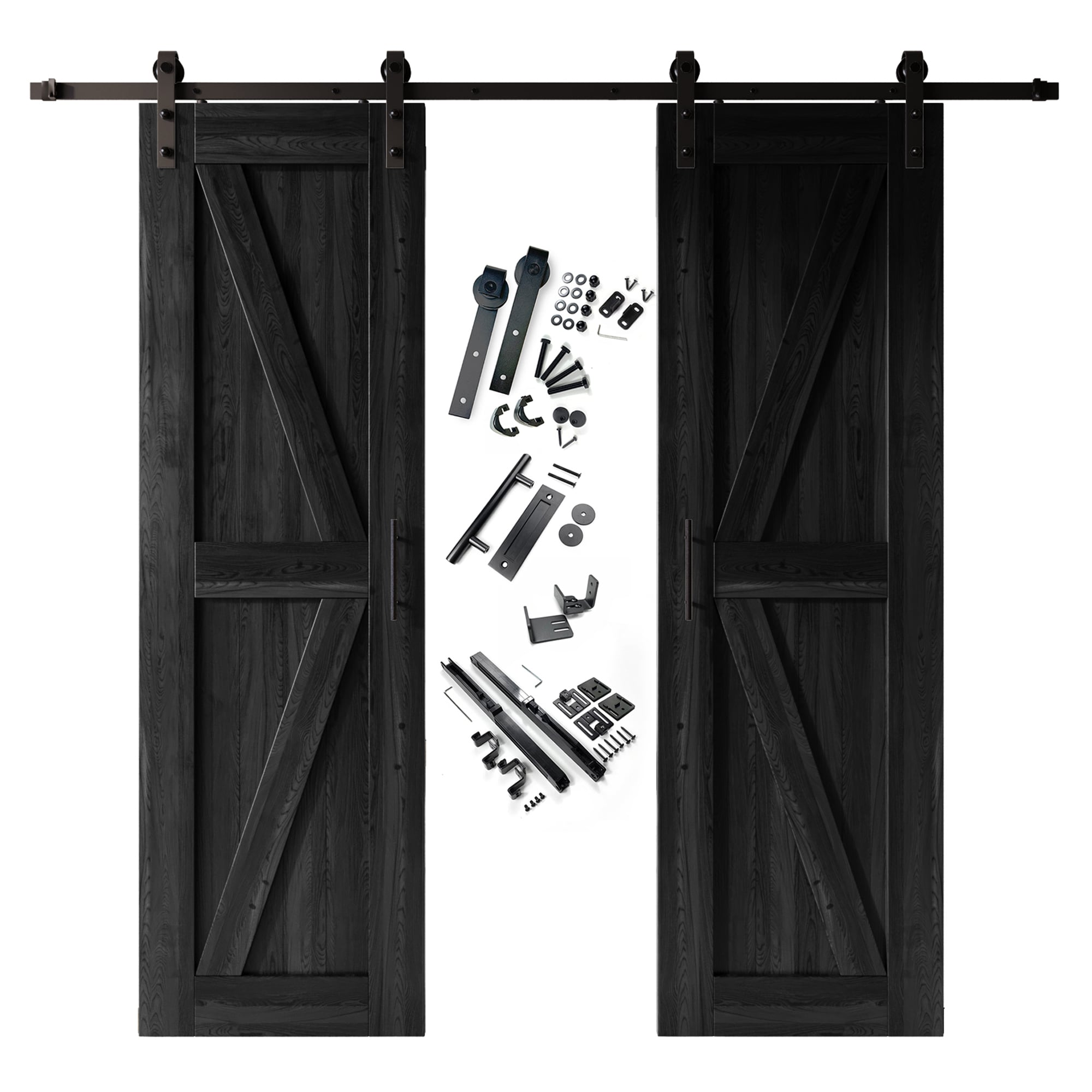 HOMACER YT2TGH132C-3096-K-BK 30-in x 96-in Black Prefinished K-frame Pine Wood Solid core Double Barn Door (Hardware Included)