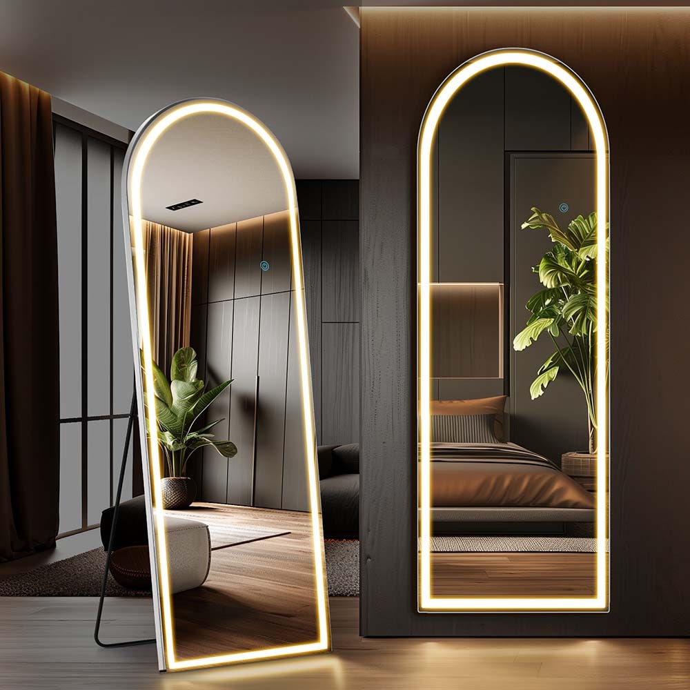  W2201P236622YF Black 20 in. W x 63 in. H Arch Floor Standing Mirror with LED Lights Lighted Full Body Makeup Mirror with Stand