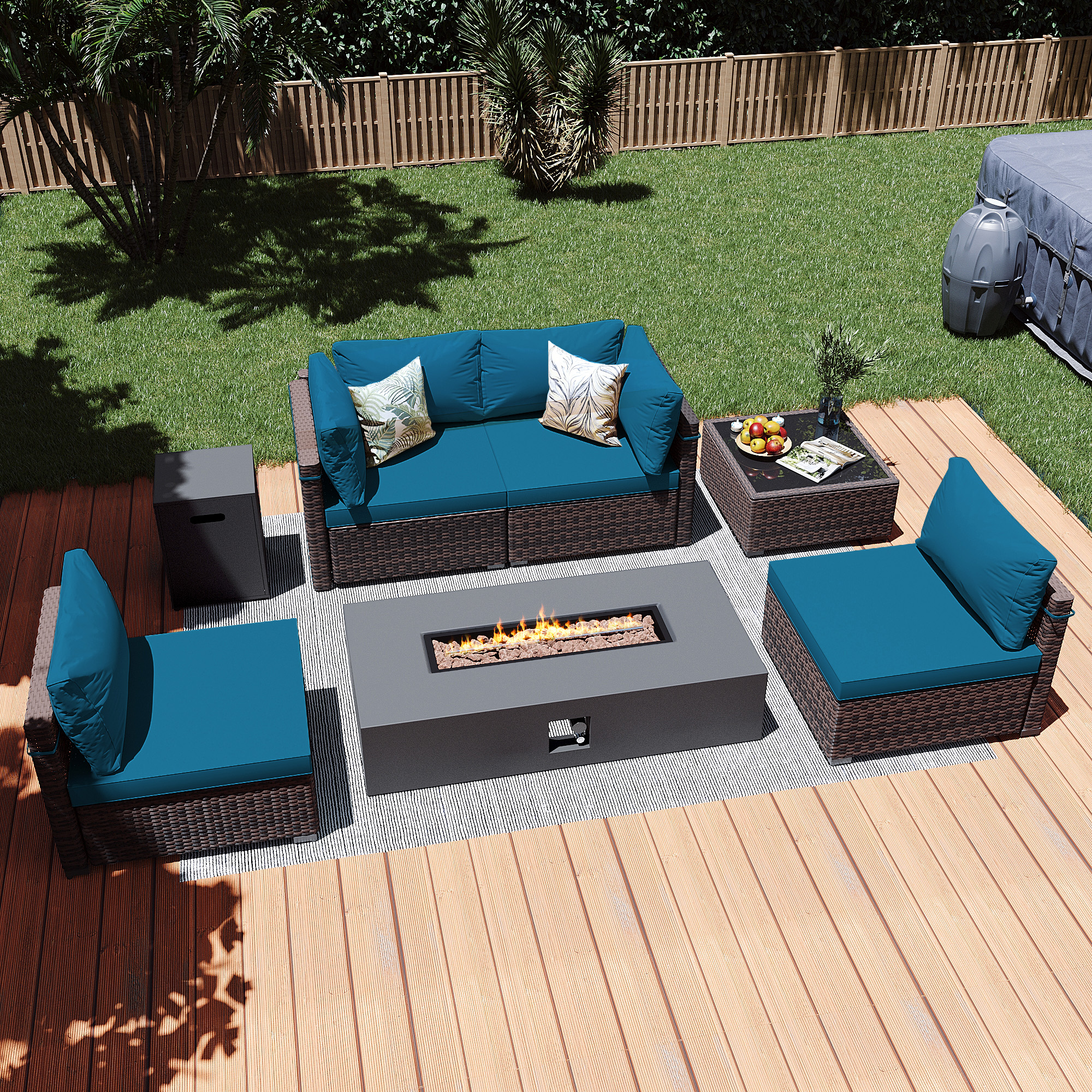 Patio Watcher LS-RT5-KD56DK-B3 6 -Piece Rattan Patio Conversation Set with Blue Cushions