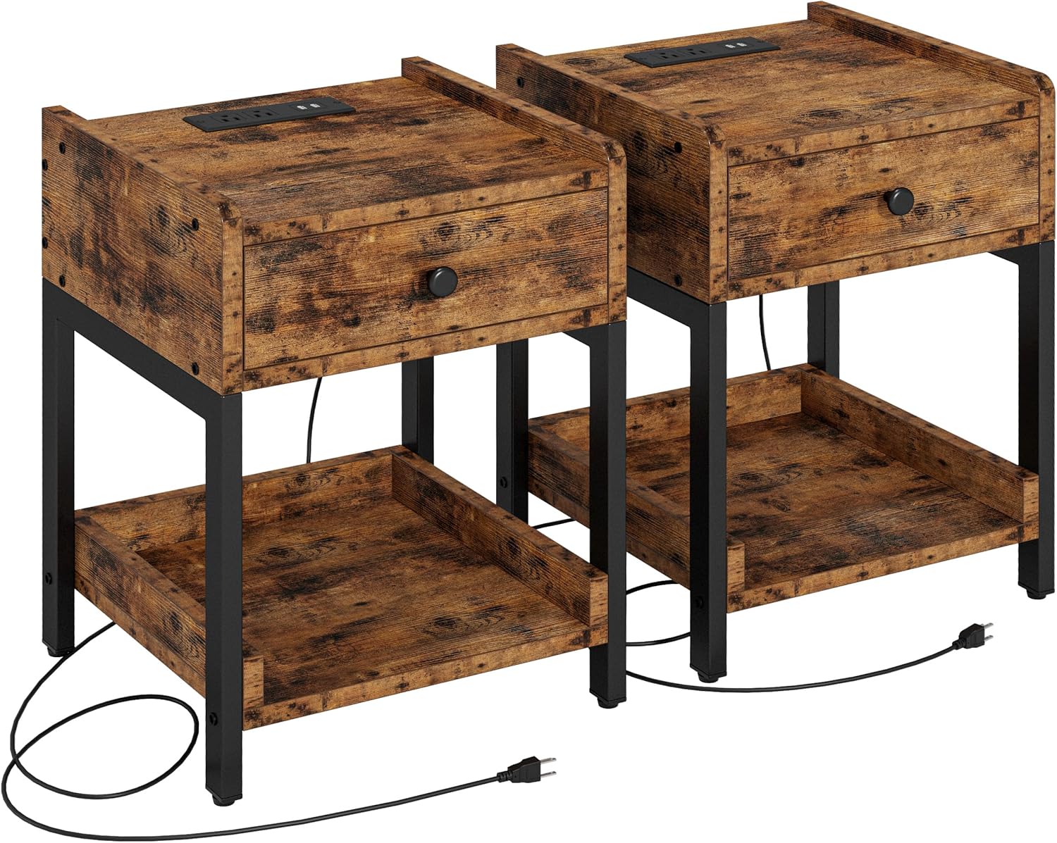 Likimio NWCSF6UAQGTOGDQM 16-in W Brown Set of 2 Night Stand with Charging Station and Storage Drawer and Shelf