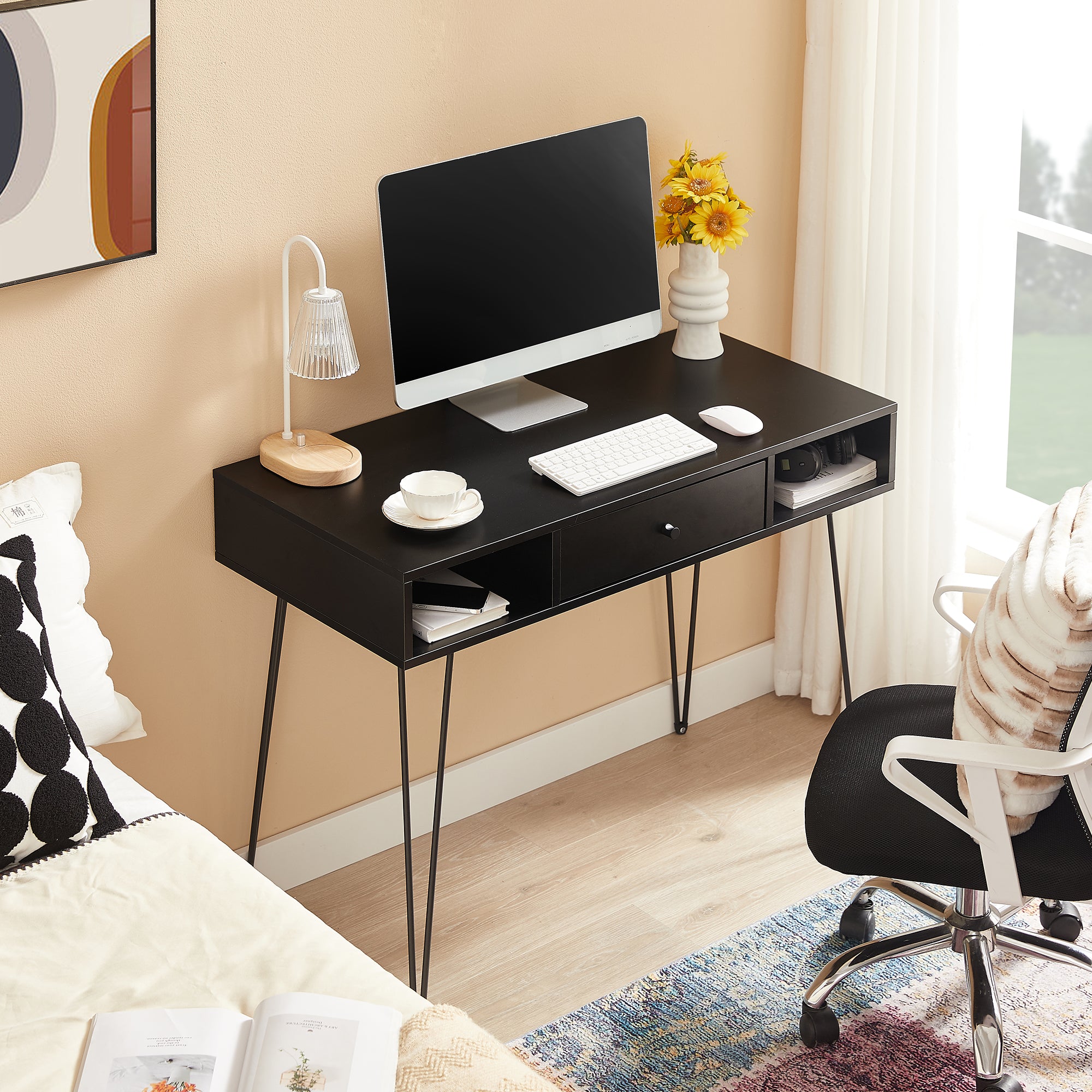Vecelo LOE-JYX-CD02-BLK Home Office Work Table with Drawers Computer Desk with Hairpin Leg for Writing Study