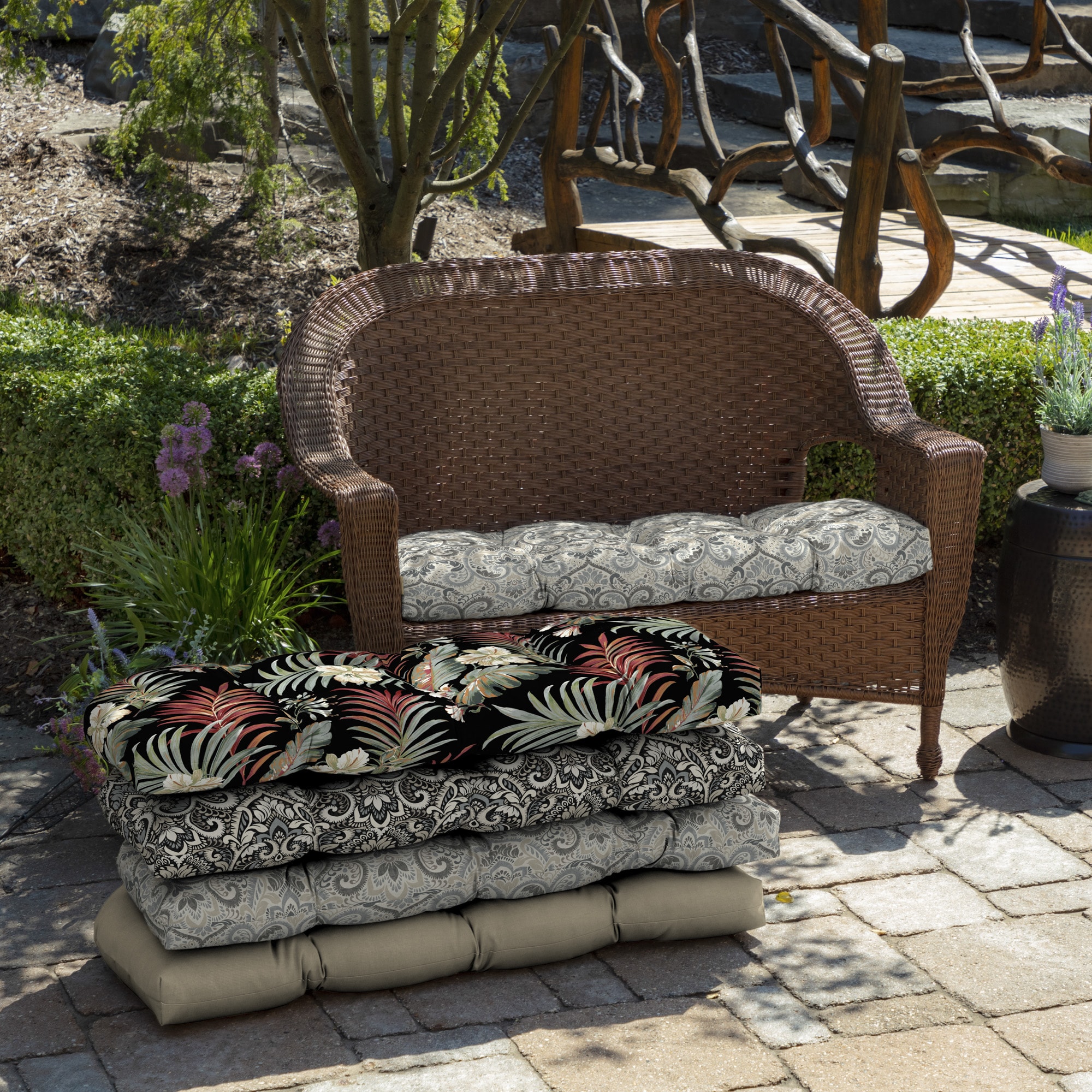Arden Selections 48 in. x 18 in. Neutral Aurora Damask Rectangle Outdoor Bench Cushion