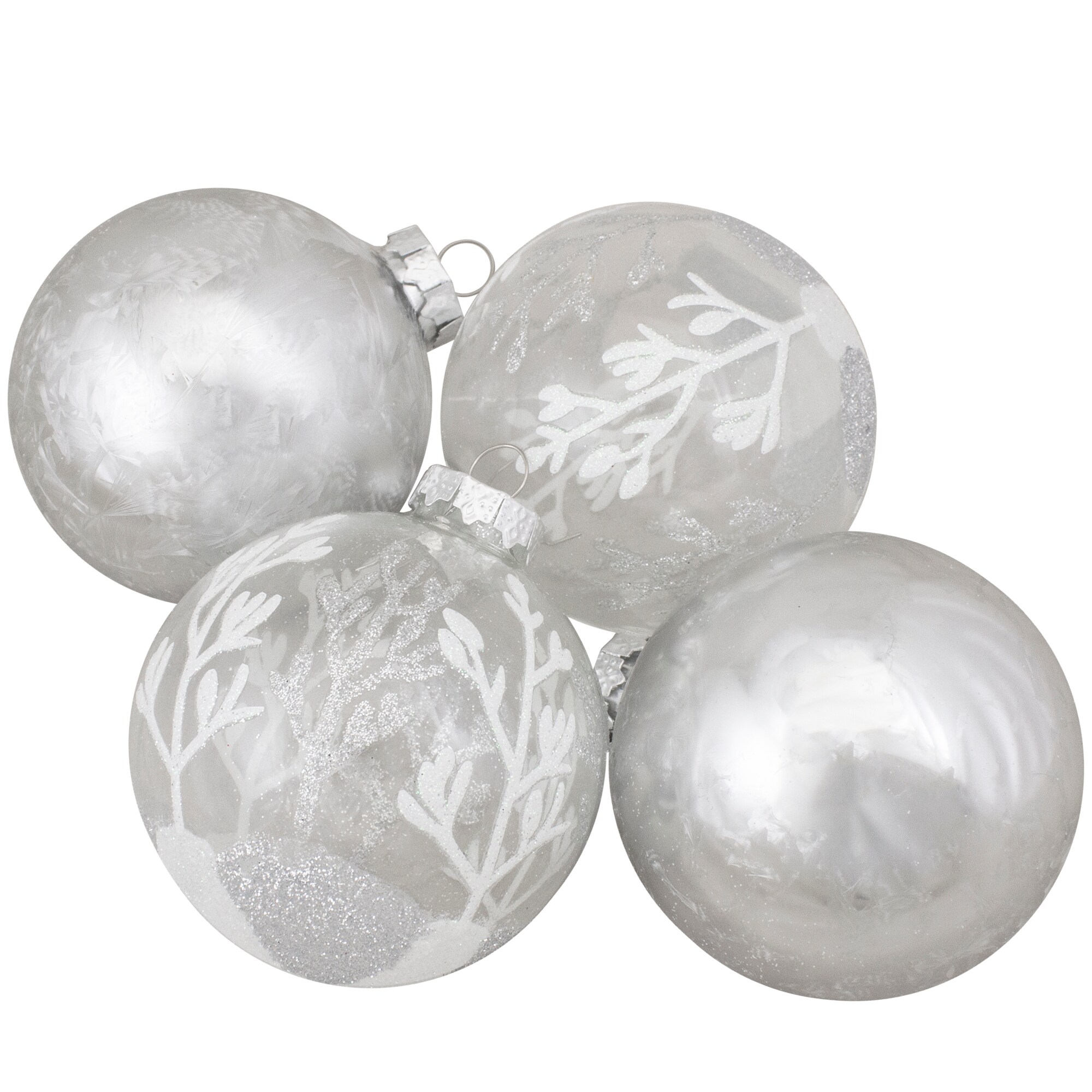 Glass Ball Ornaments 3 Pc Set Silver Gray Hand Painted White Glitter Flower Bird 