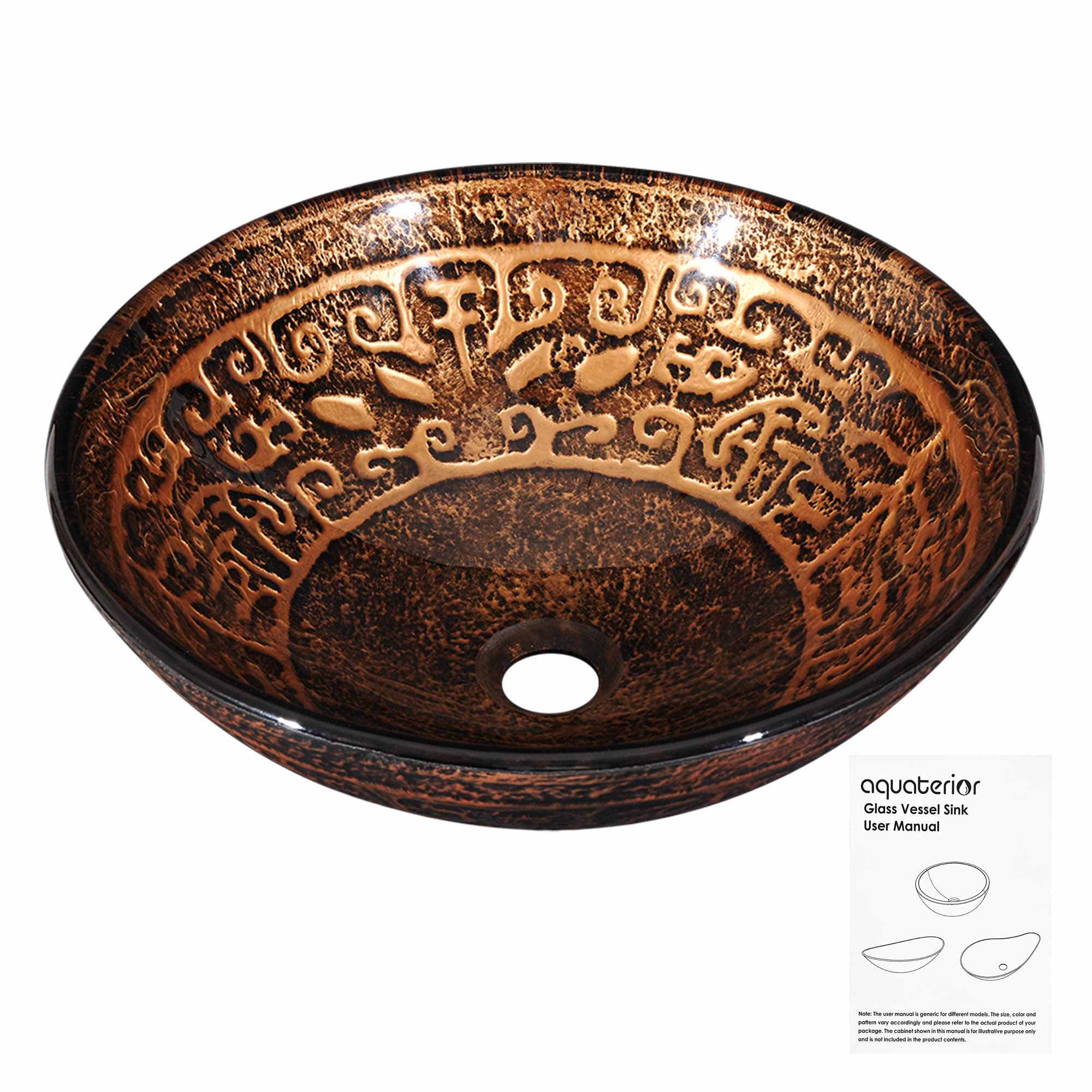 Yescom 80GSK004-425RND-LO Tempered Glass Round Vessel Sink Antique Totem Pattern Above Counter Bathroom Lavatory Vanity Bowl Basin