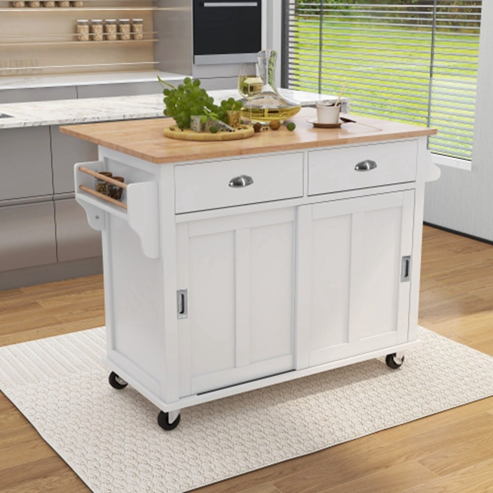 Runesay White Wood Base with Wood Top Rolling Kitchen Island (20.5-in x 52.2-in x 36.6-in)