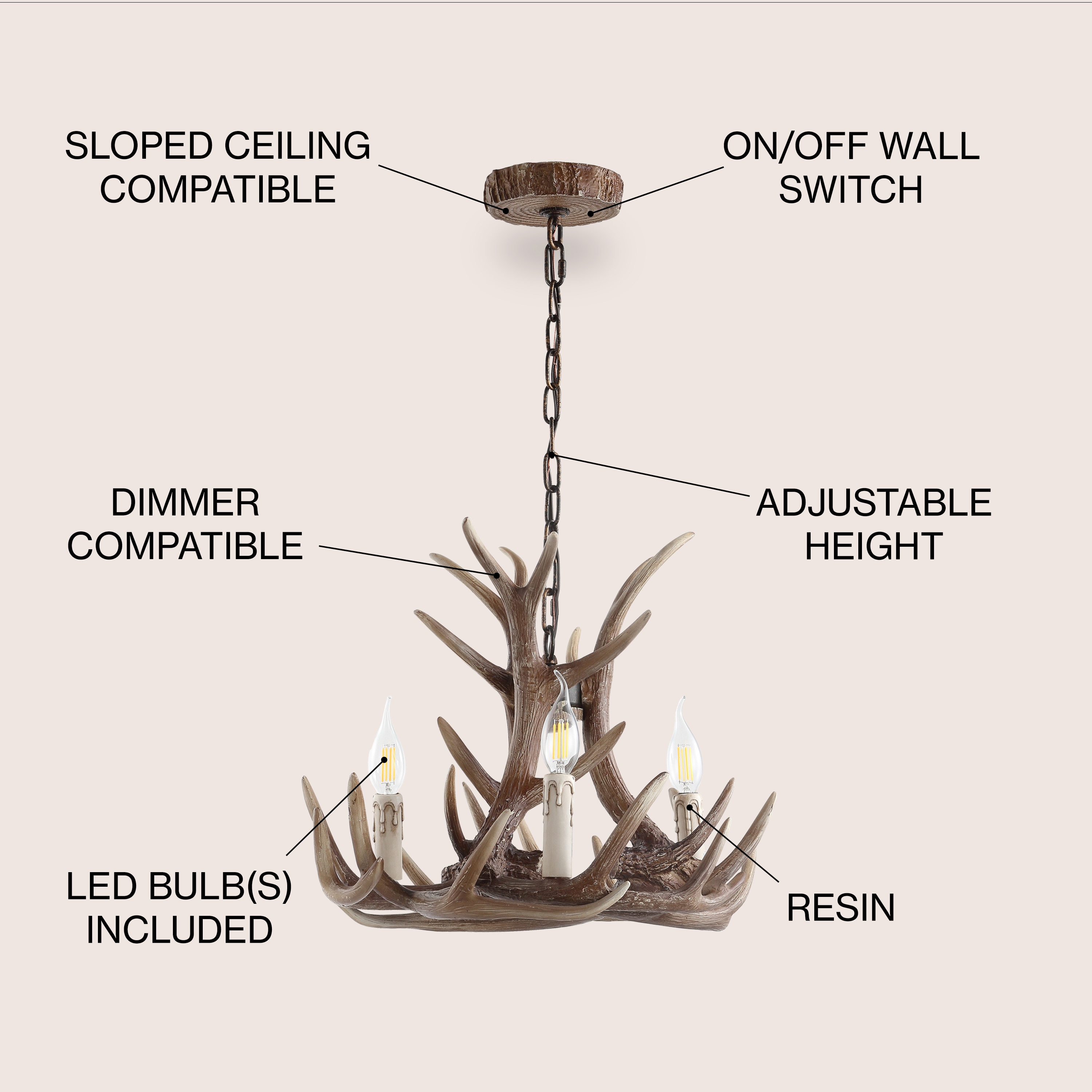 Eldora 18" Brown Resin Antler 3-Light Chandelier