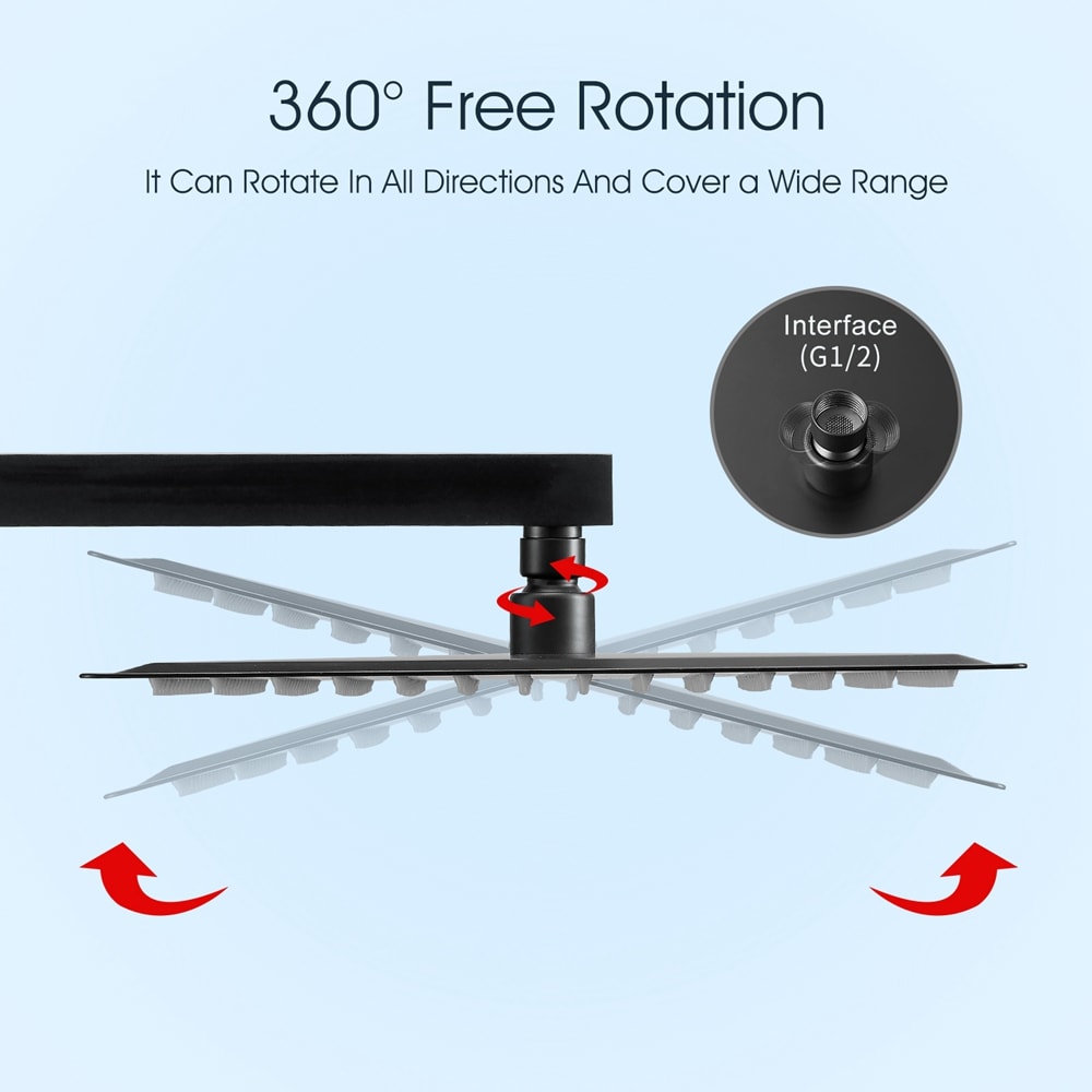 Matte Black 12-Inch Square Stainless Steel Rain Shower Head