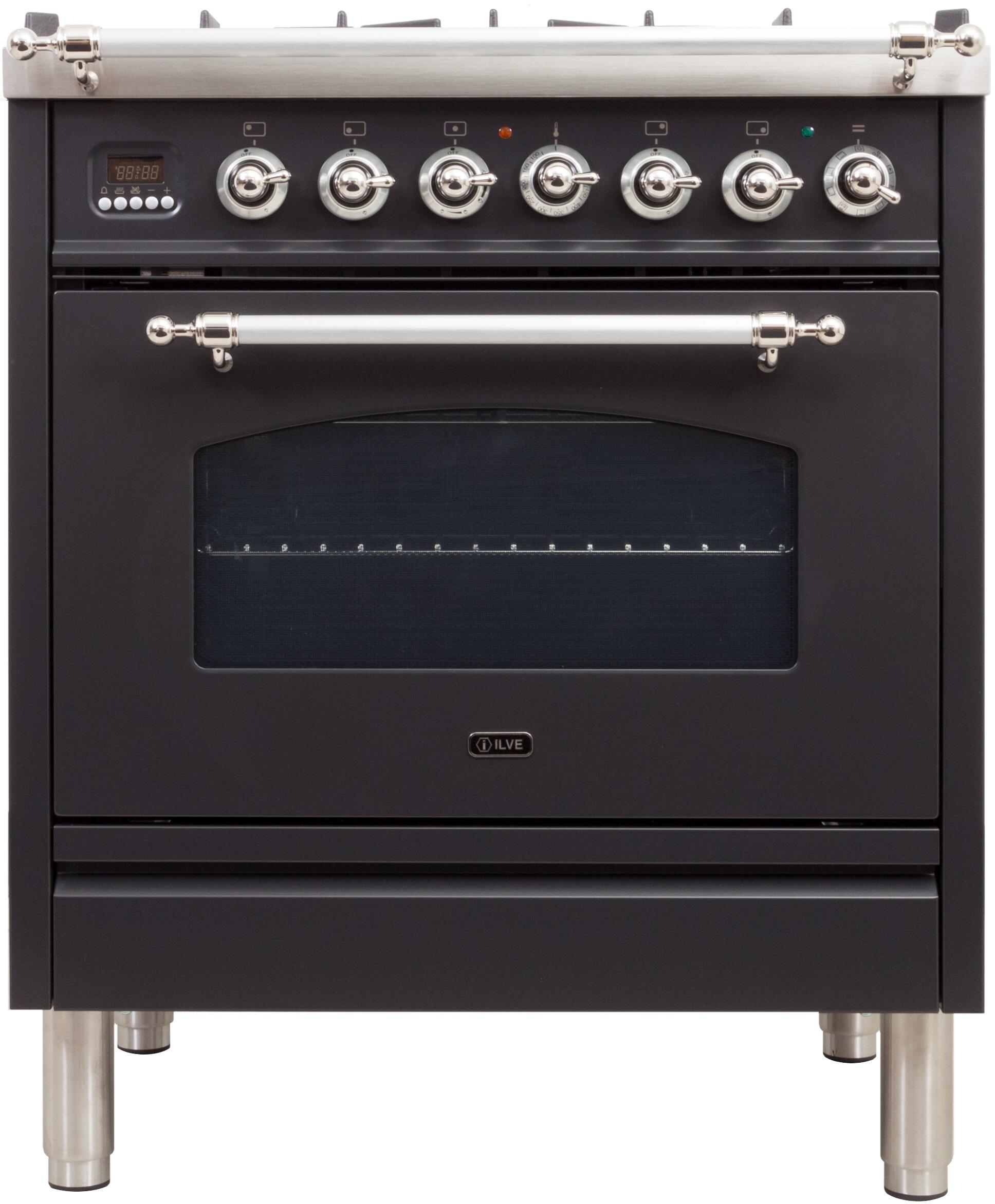 ILVE Nostalgie 30-in Deep Recessed 6 Burners Freestanding Dual Range (Matte Graphite/Chrome Trim) in the Single Oven Dual Fuel department at Lowes.com