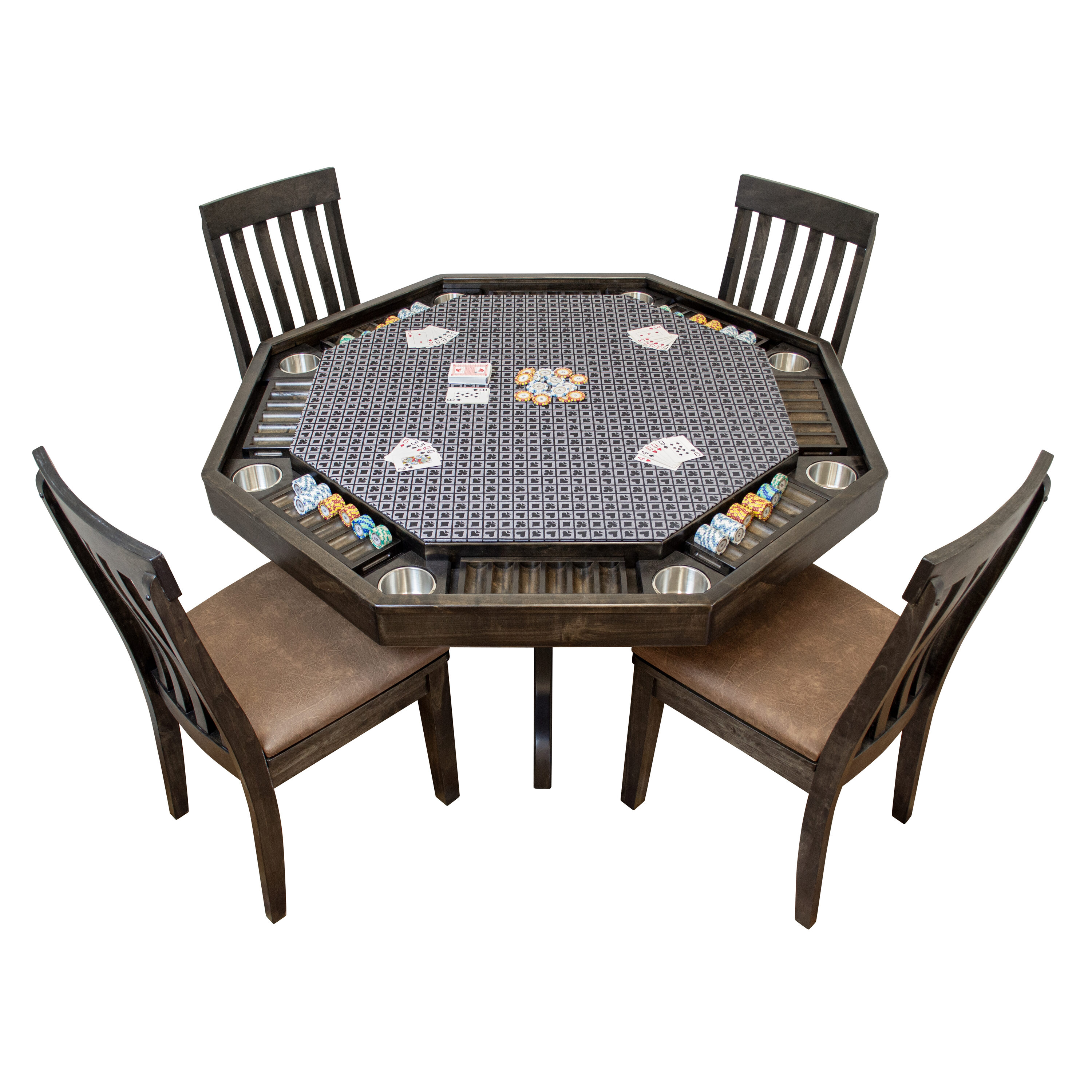 Mocha Knotty Alder Rectangular Poker Table with Stainless Steel Cup Holders