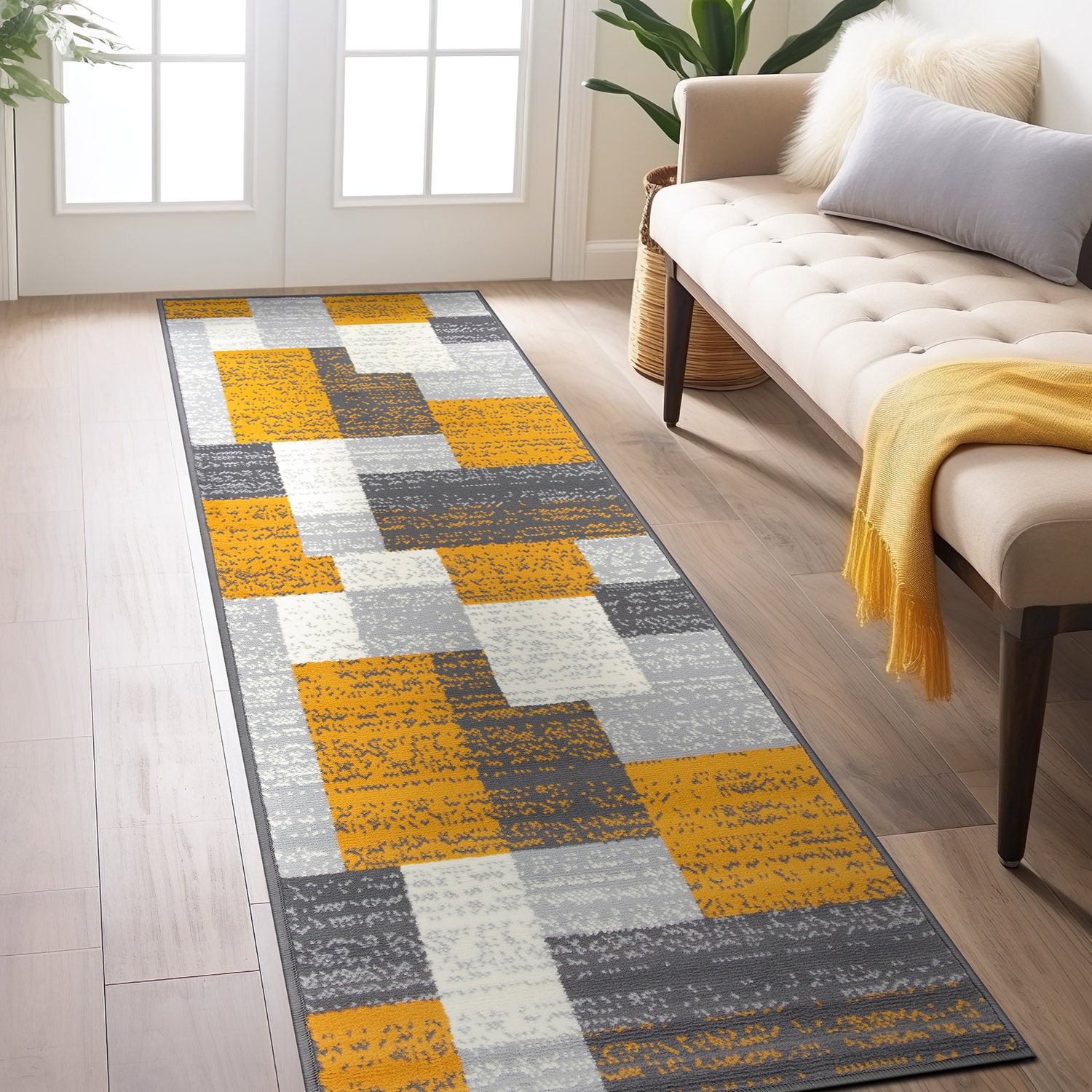 World Rug Gallery 3005MUSTARD2X7 2 x 7 (ft) Loomed Polypropylene Yellow Rectangular Indoor Geometric Runner rug