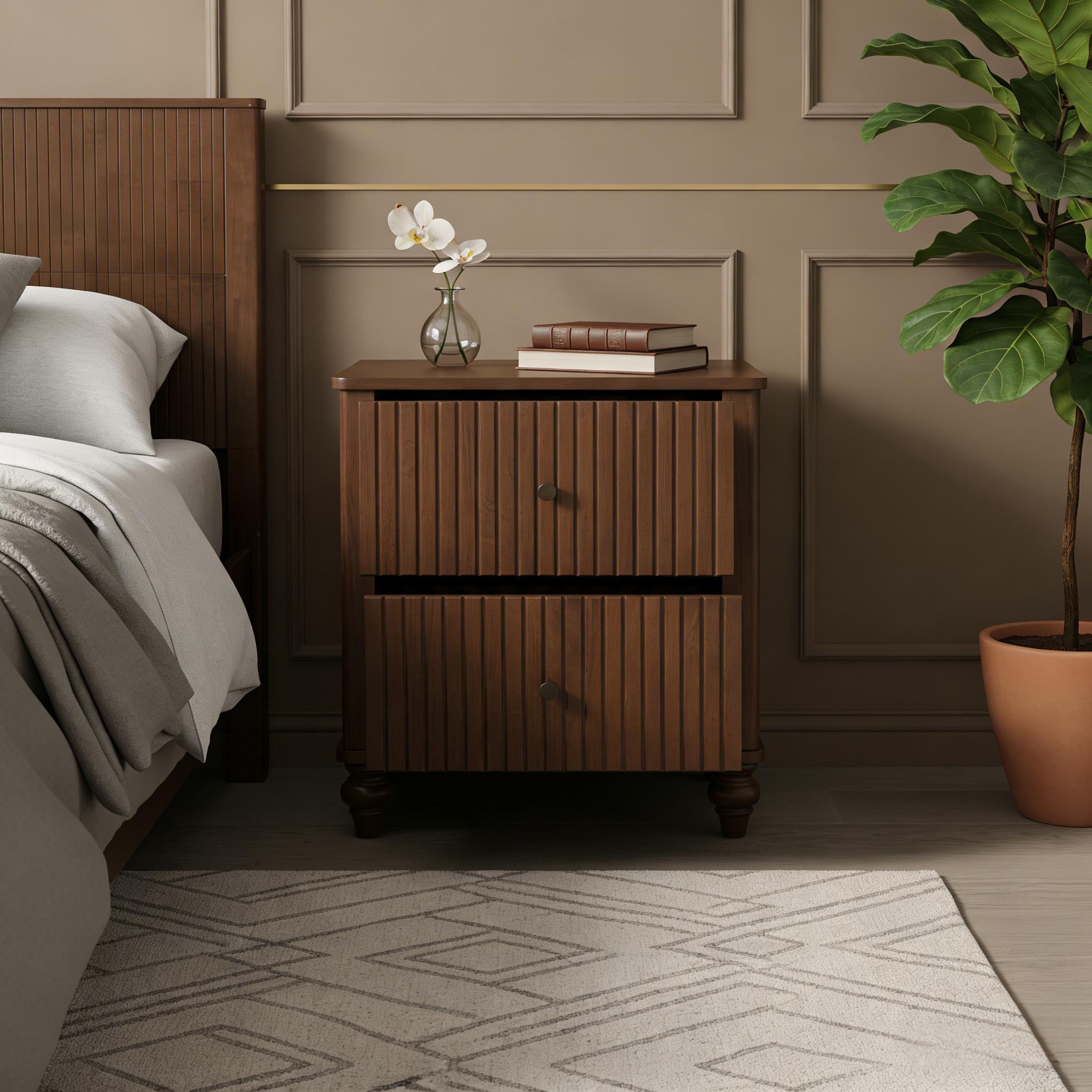 Walnut 23 Inch 2-Drawer Wooden Nightstand