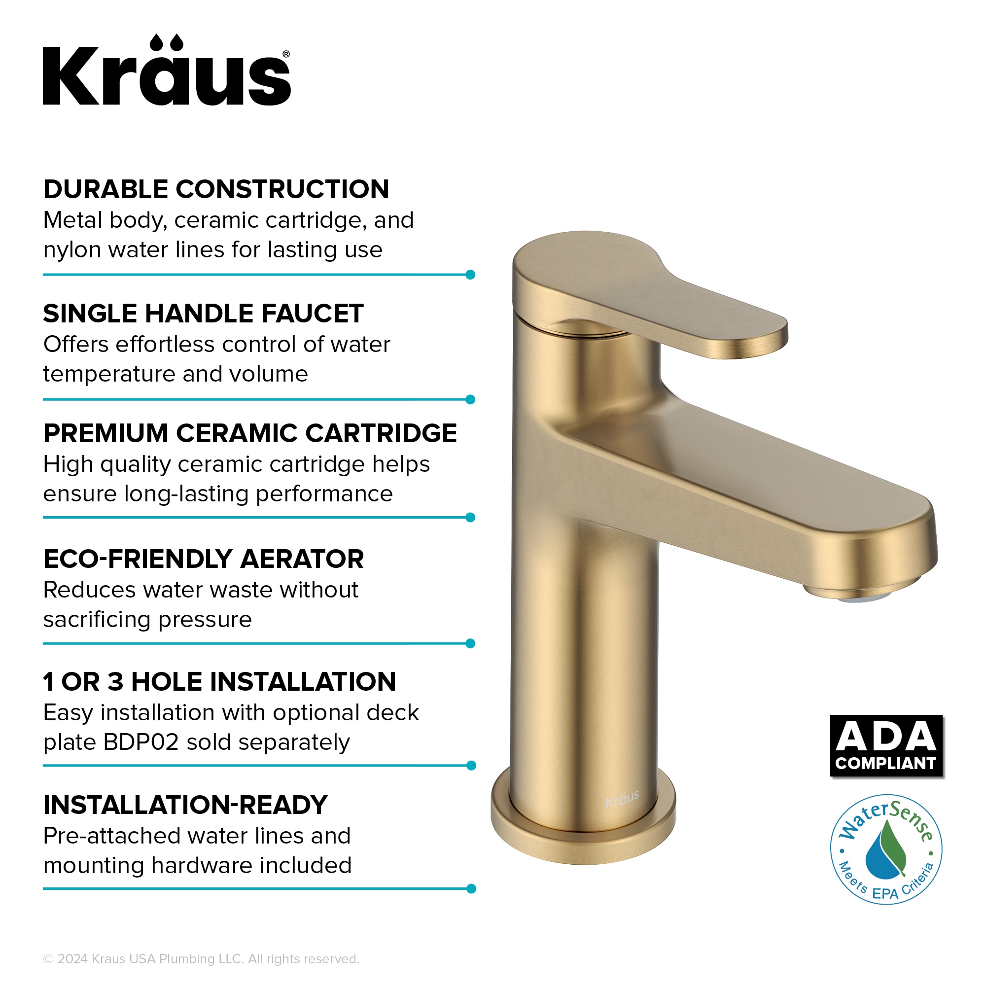 Indy Spot-Free Brushed Brass Single Handle Bathroom Faucet