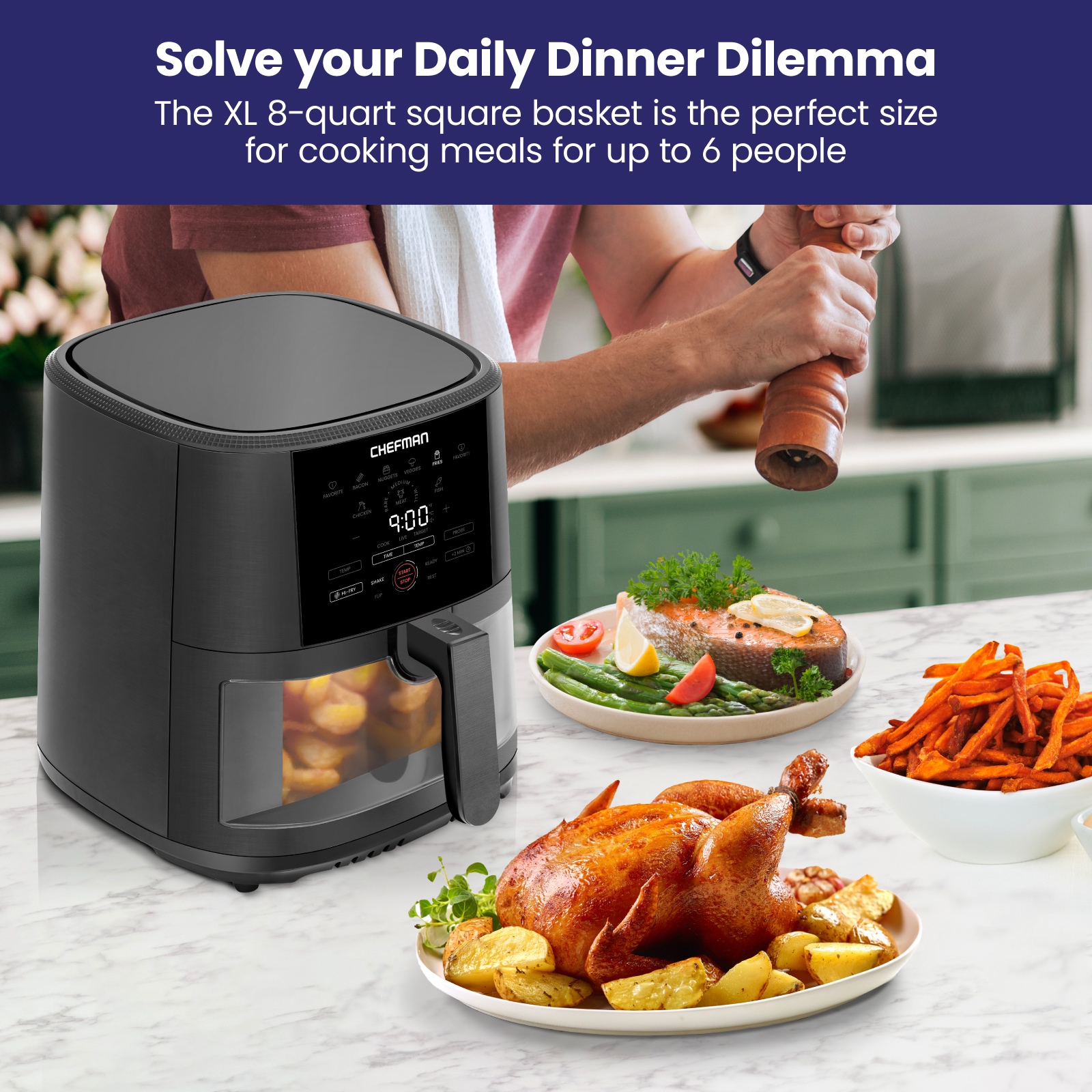 Chefman Matte Black Air Fryer with Probe Thermometer, Touch Control, 8  Presets, 1300W, Non-Stick, cETLus Safety Listed in the Air Fryers  department at