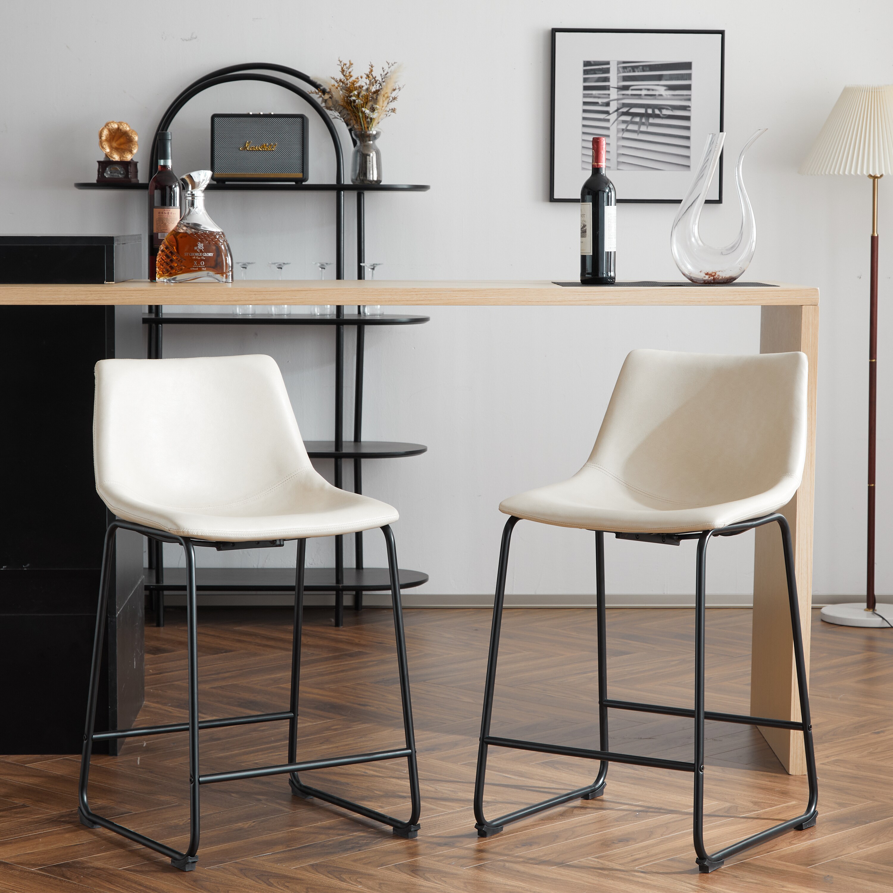 Christopher Knight Home 319642 Cedric Faux Leather Counter Stool  Set of 2-Black+Cream