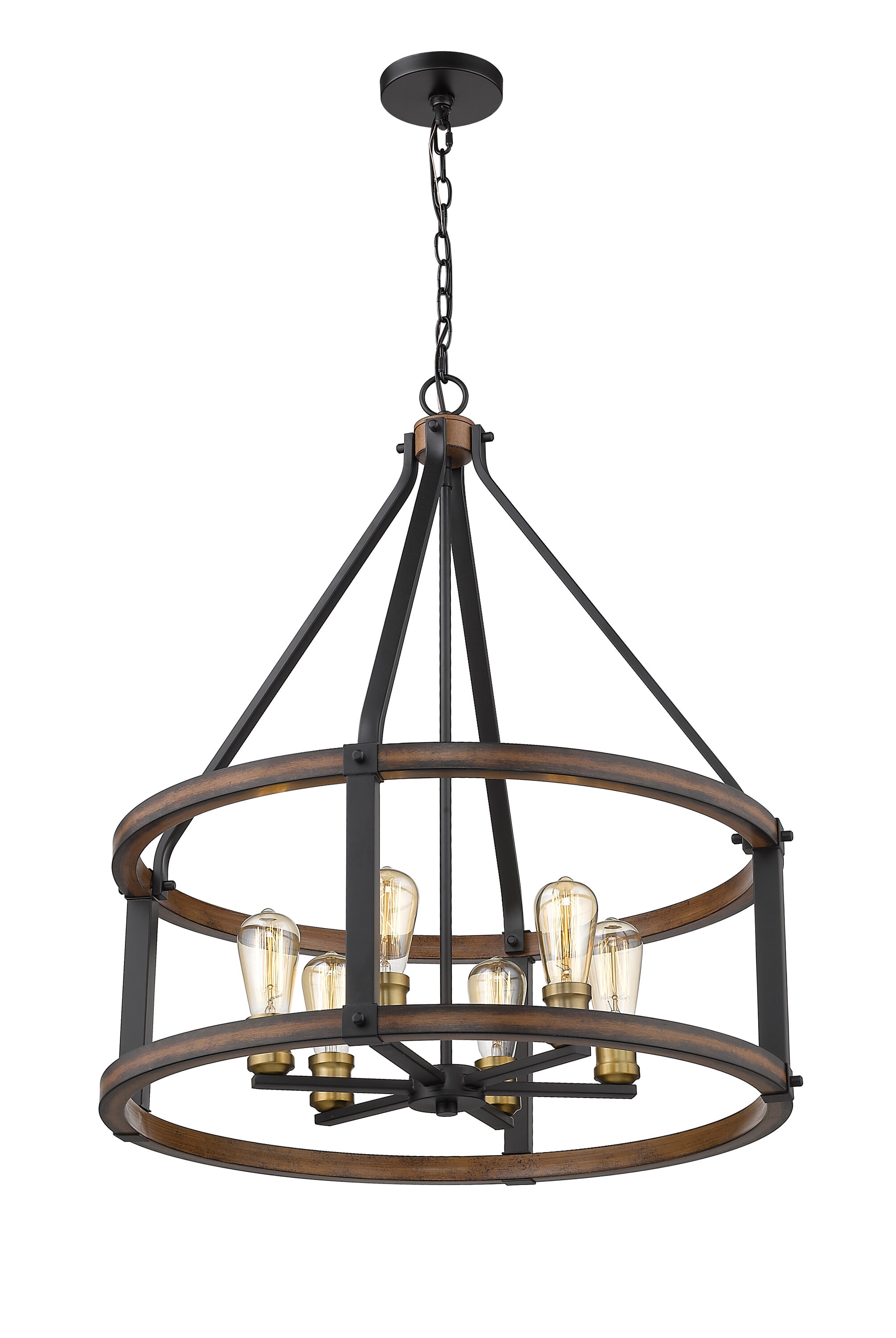 Rustic Mahogany 25" LED Drum Chandelier with Faux Barnwood