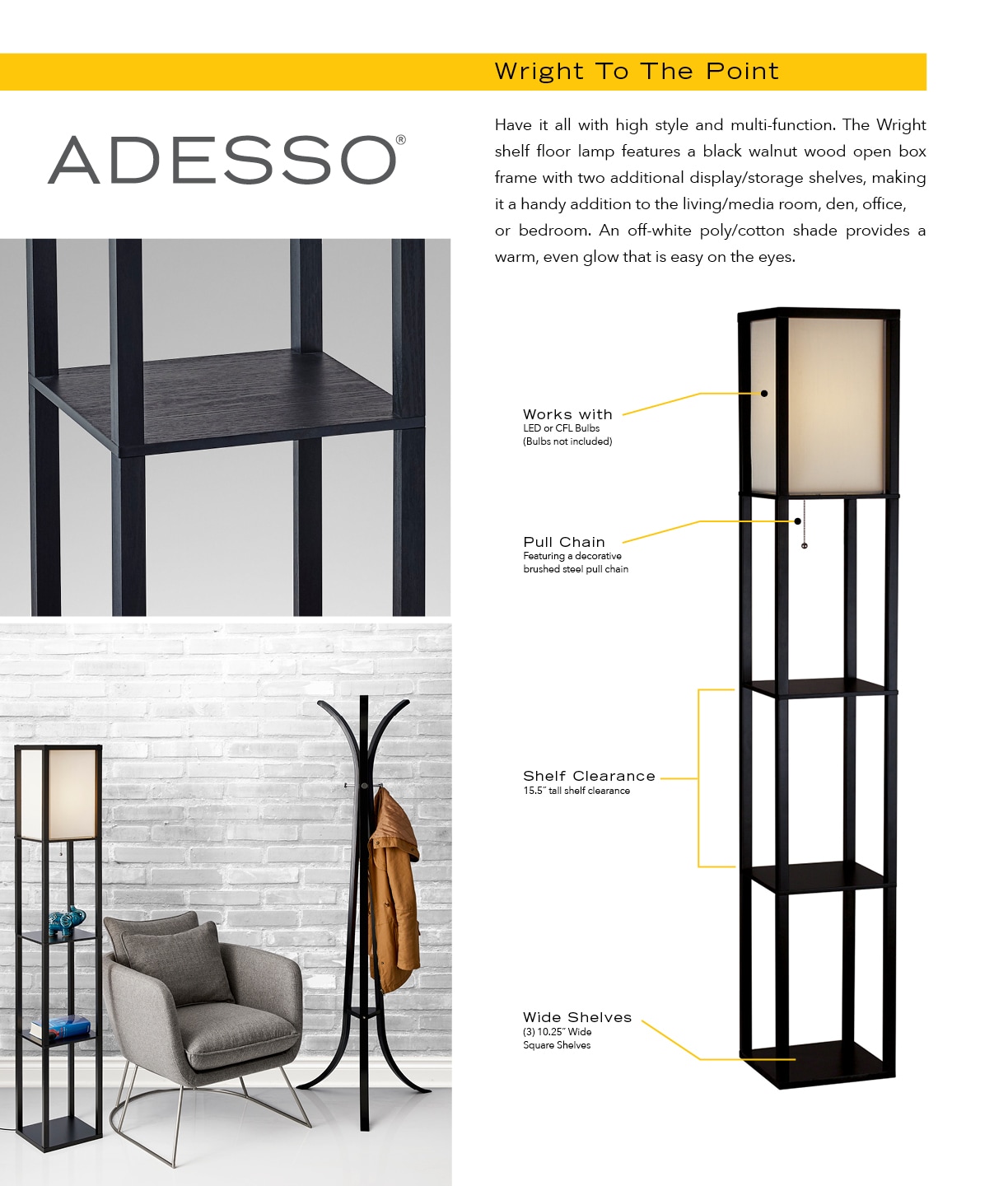 Adesso Wright Shelf Floor Lamp, Black Wood Veneer on MDF-*6f outlets