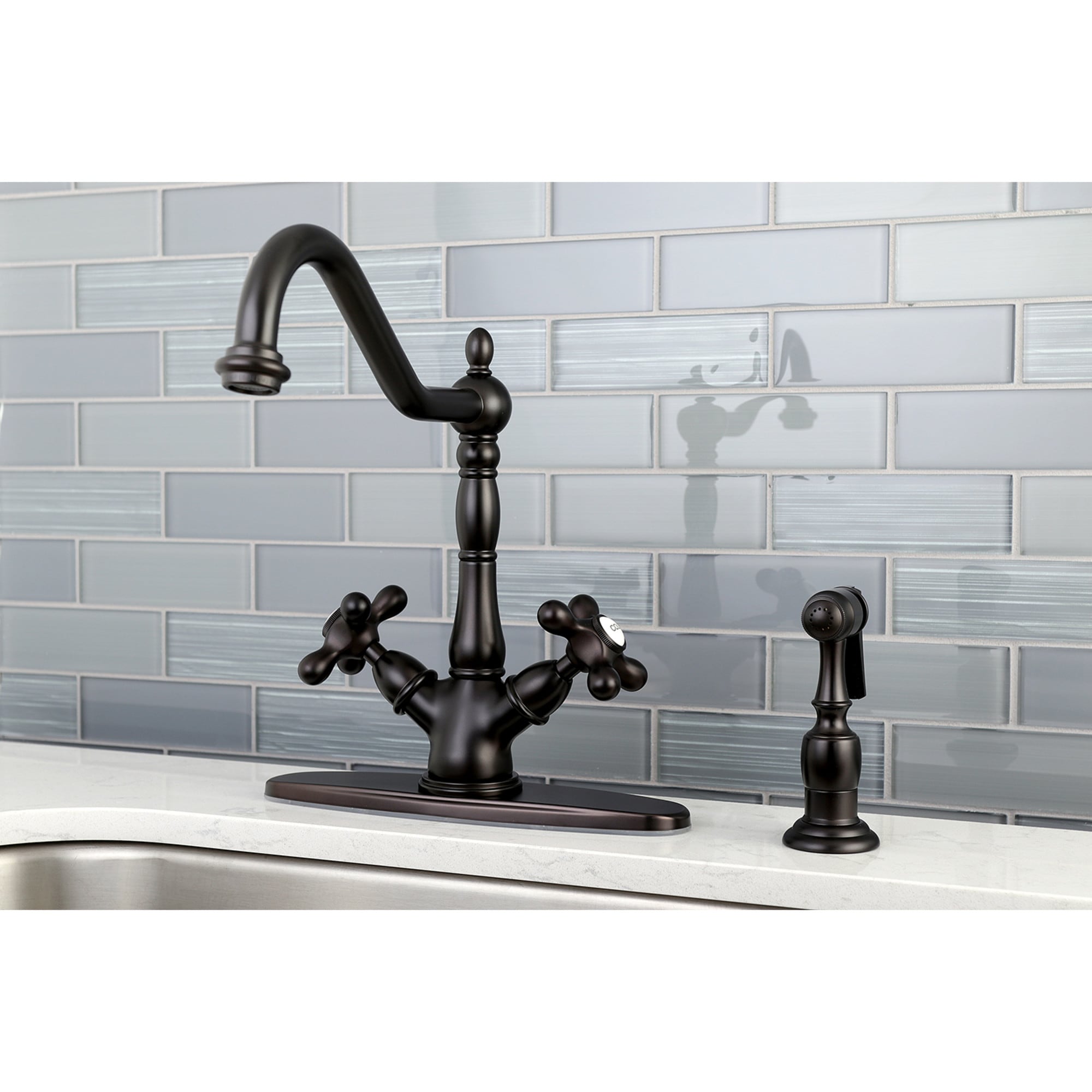 Kingston Brass WLKS1235AXBS Heritage Oil-rubbed bronze Double Handle Deck-mount Kitchen Faucet with Sprayer ( Side Sprayer Included )