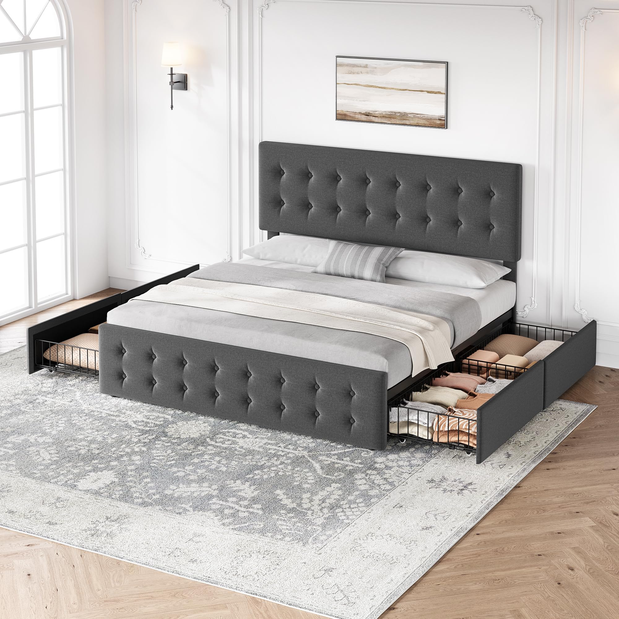 King Bed Frame with Headboard and 4 Storage Drawers  Square Stitched Button Tufted Platform