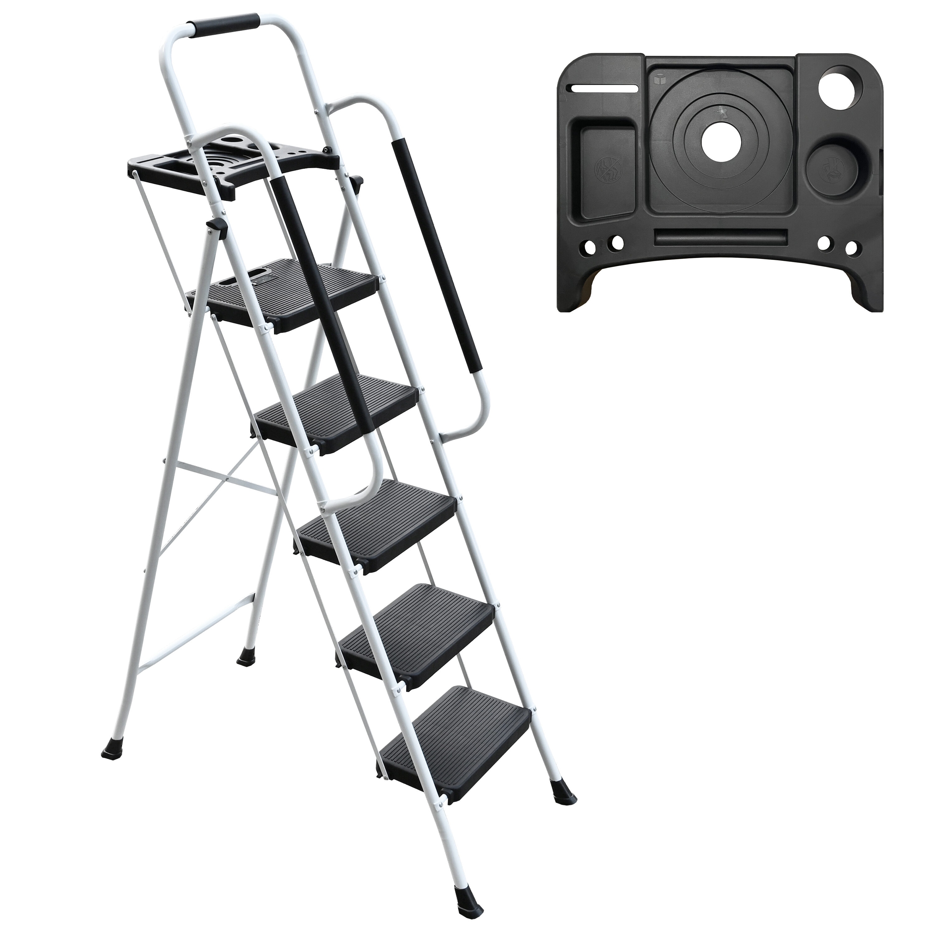 Tatayosi 5 Step Ladder with Handrails Folding Step Stool with Tool Platform 330 lb Capacity Step Stools for Adults Portable Ladder for Home Kitchen Steel Frame with Non Slip Wide Pedal White #RY-9P422477