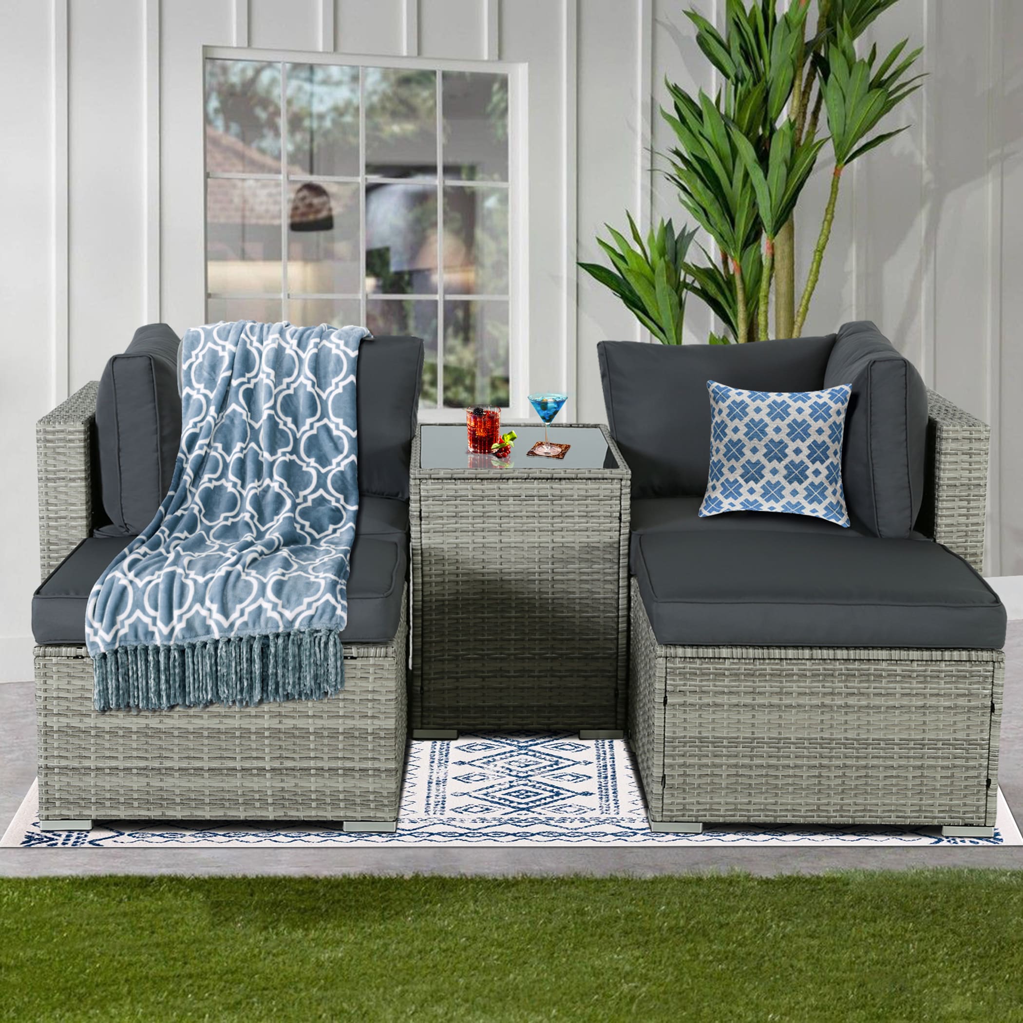 Unity DS-TB002 5 -Piece Rattan Patio Conversation Set with Gray Cushions