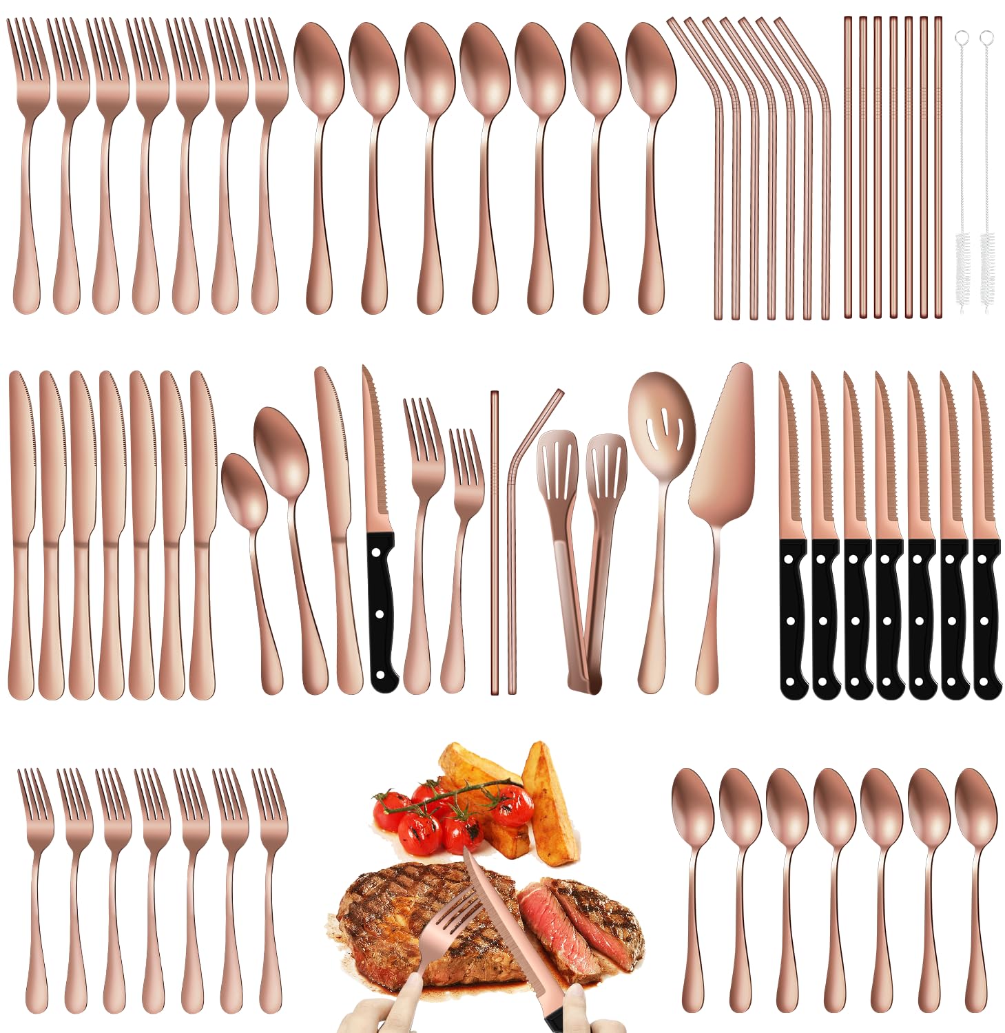 LILILIAN FMY  69 Piece Rose Gold Flatware Set Stainless Steel Cutlery Service for Eight with Steak Knives Metal Straws Tongs Cake Server and