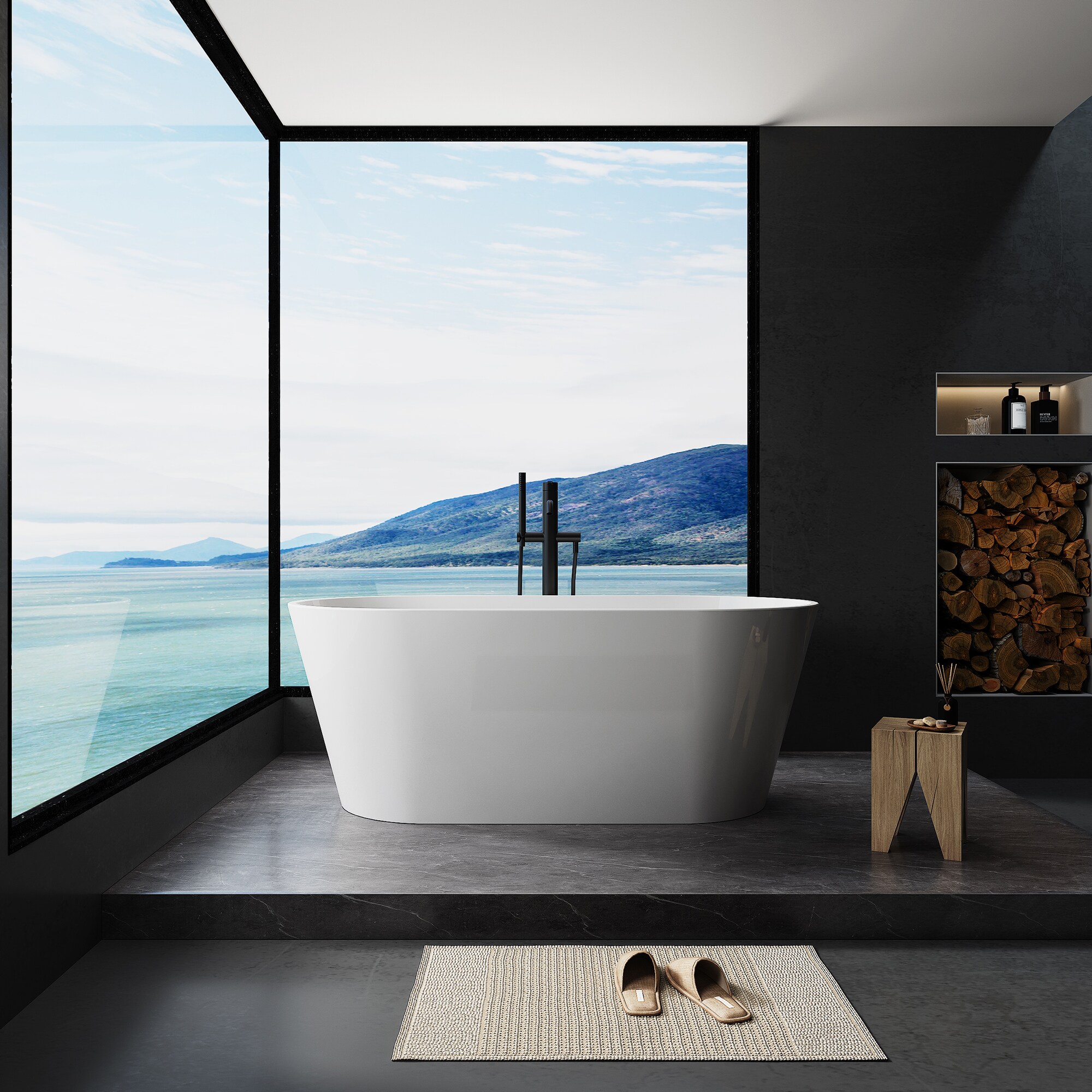 HEATGENE 55" White and Matte Black Acrylic Freestanding Bathtub