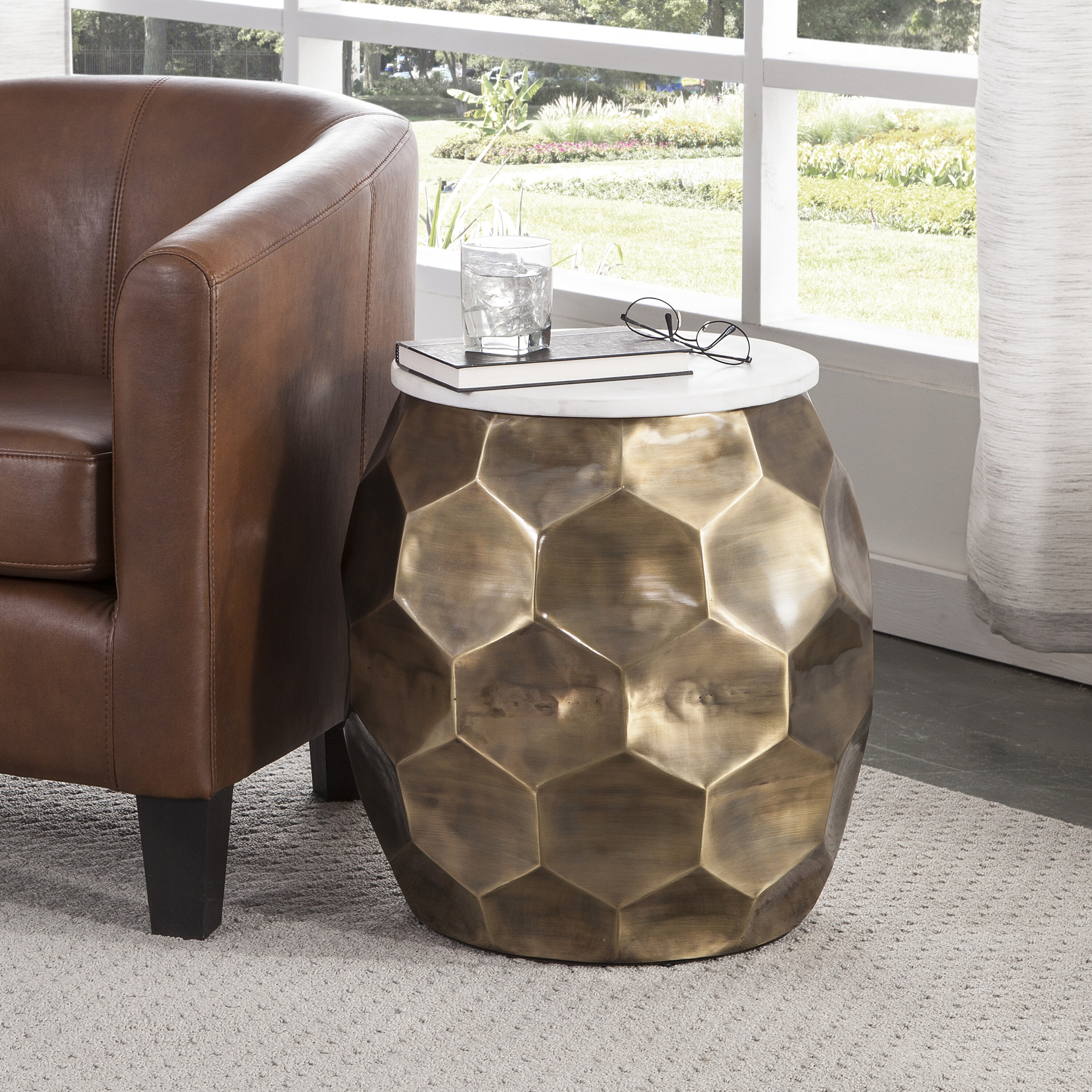 Rosie Round Rose Quartz and Brass Chairside Table