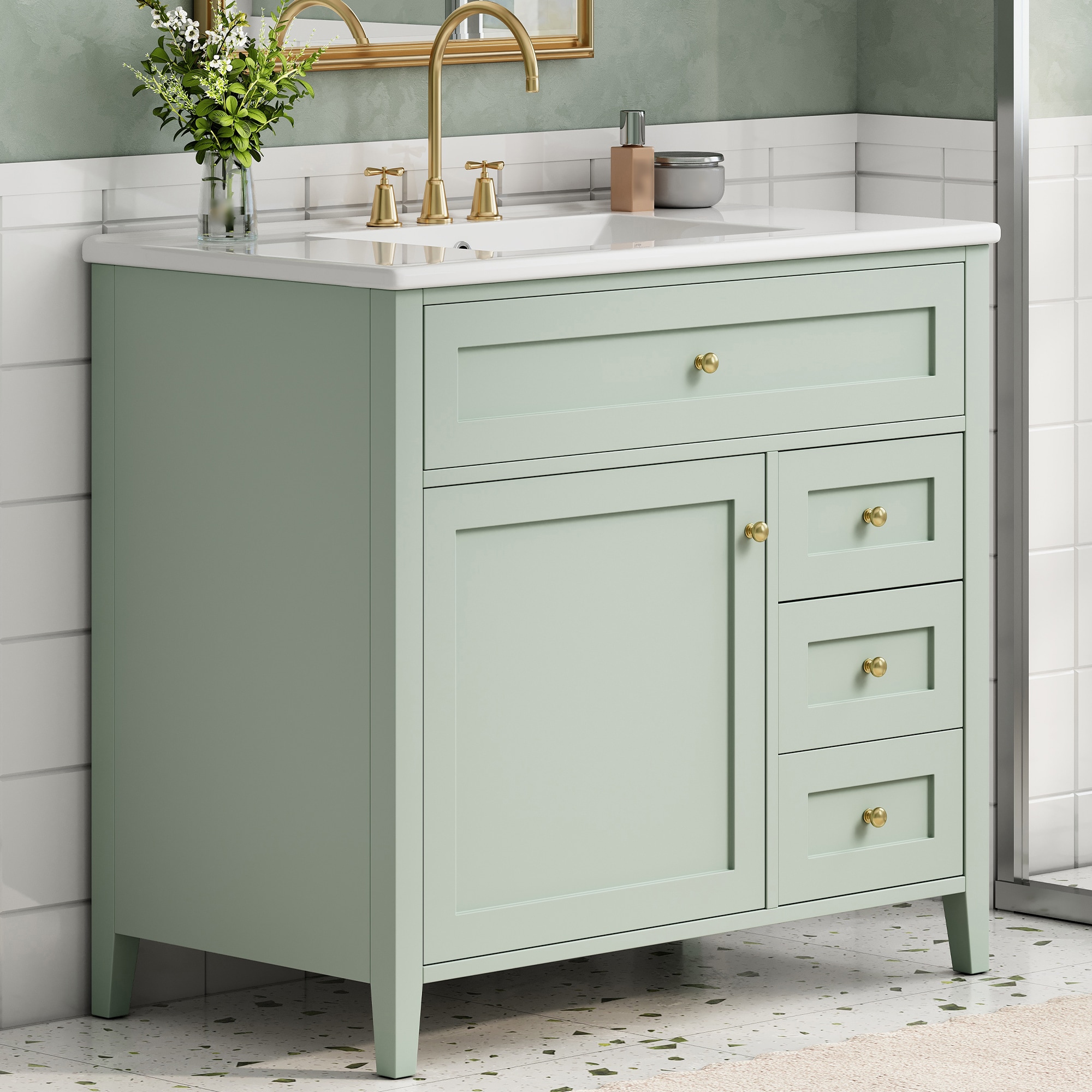 MooxvMoo - 36-in Bathroom Vanity with Sink 3 Drawers Adjustable Shelf MDF Rubberwood Freestanding...