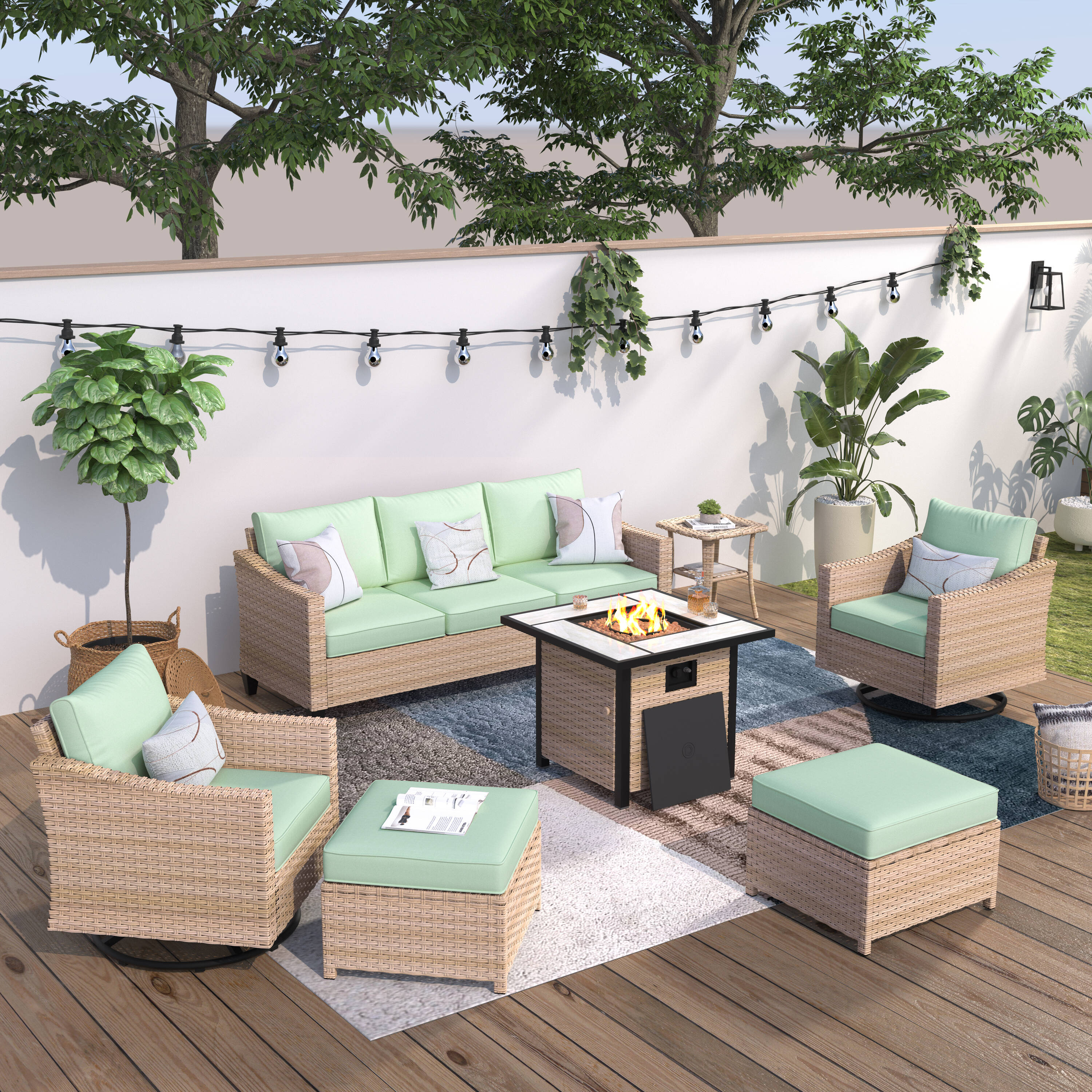 XIZZI XIMW904-8RC Aries 7 -Piece Wicker Patio Sofa Conversation Set with Green Cushions
