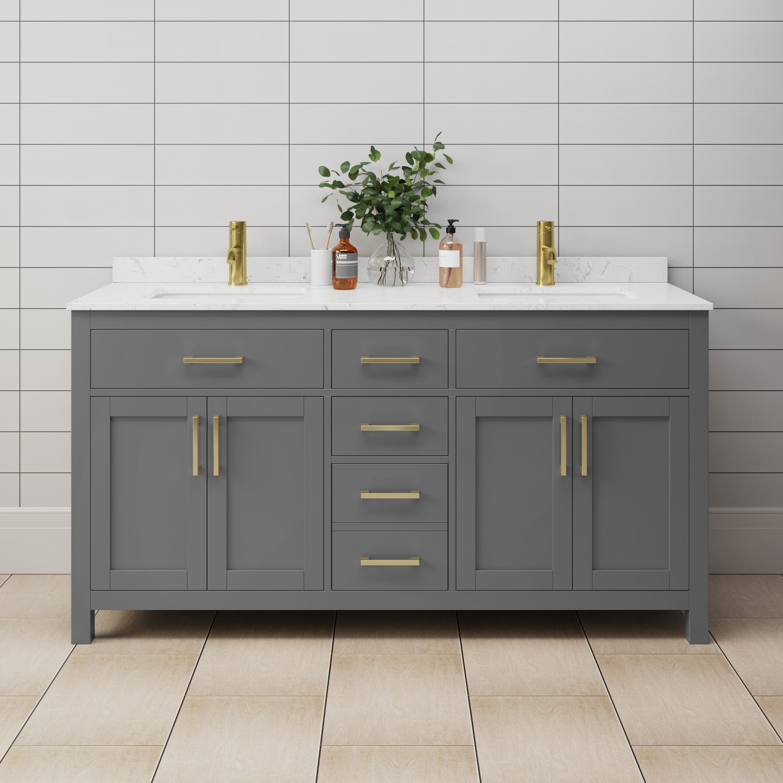 Wyndham Collection WCG242466DGGCCUNSMXX Beckett 66-in Dark Gray with Brushed Gold Trim Undermount Double sink Bathroom Vanity with Carrara Cultured Marble Cultured marble Top