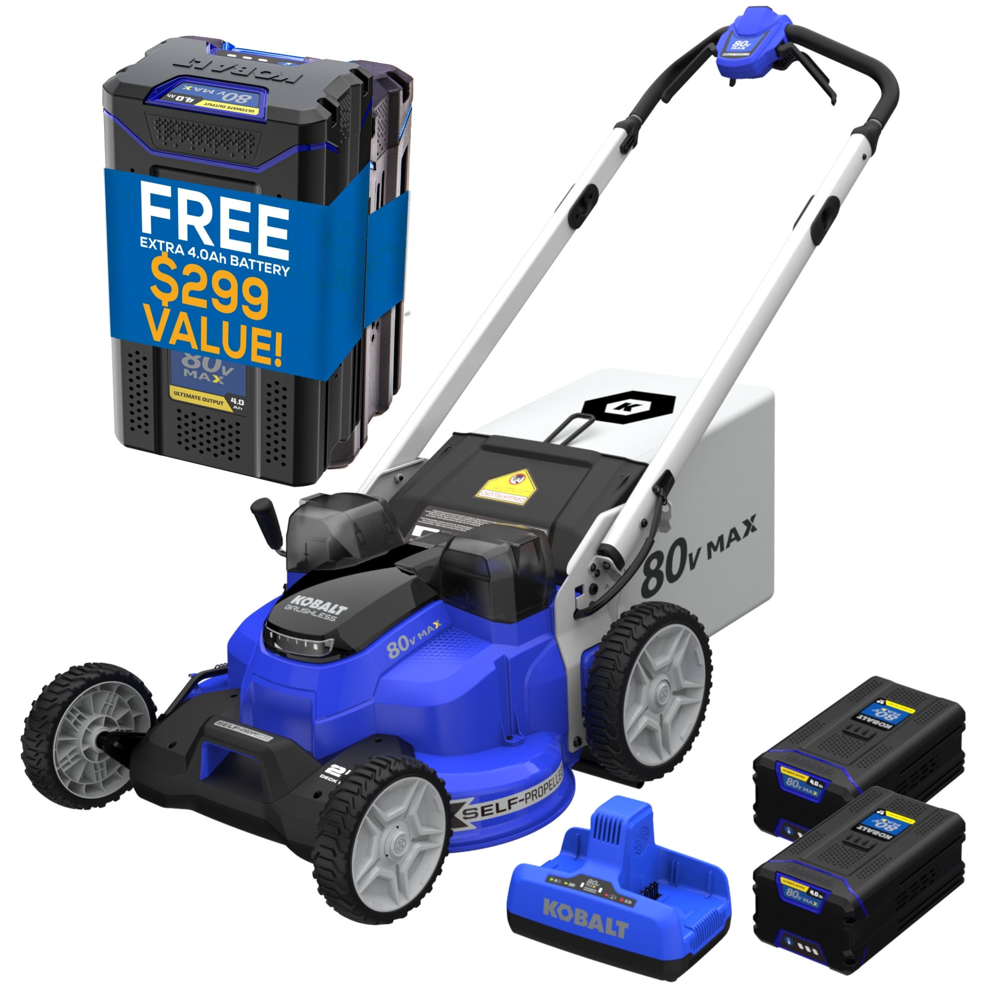 Kobalt KMP 442580D-06 Dual Port 80-Volt 25-in Self-propelled Battery Lawn Mower, (3) 4 Ah Batteries and Dual Port Charger Included