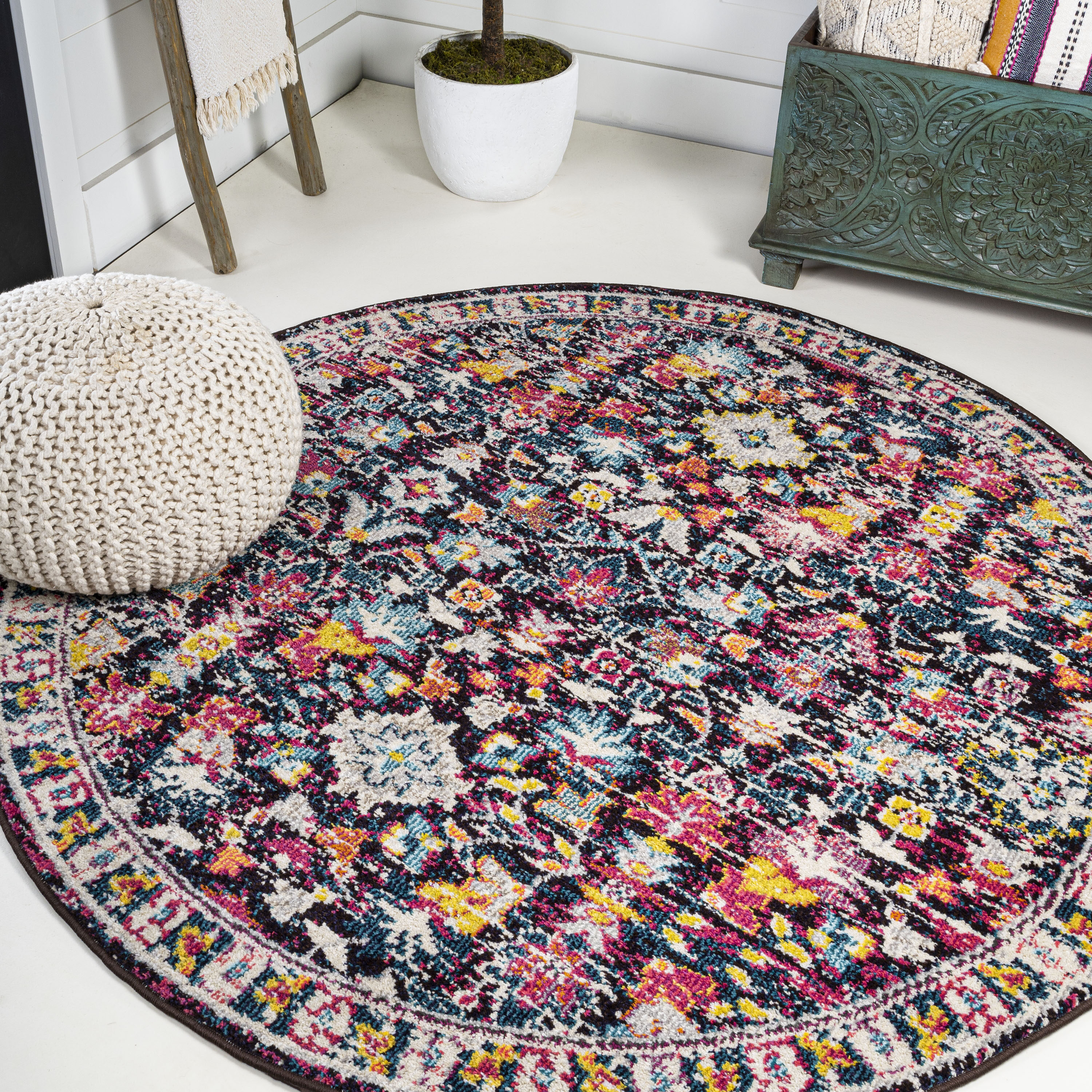 JONATHAN  Y MDP200A-5R MODERN PERSIAN Boho Floral 5 x 5 (ft) Loomed Polypropylene Multi/Purple Round Indoor Medallion Persian Area rug