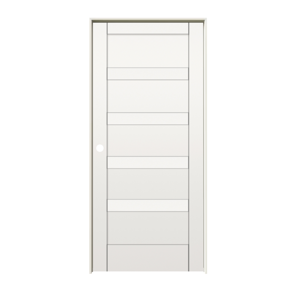 RELIABILT 10129743 28-in x 96-in primed Solid core 5-panel equal Right hand Smooth Primed MDF Flat Jamb Single Prehung Interior Door