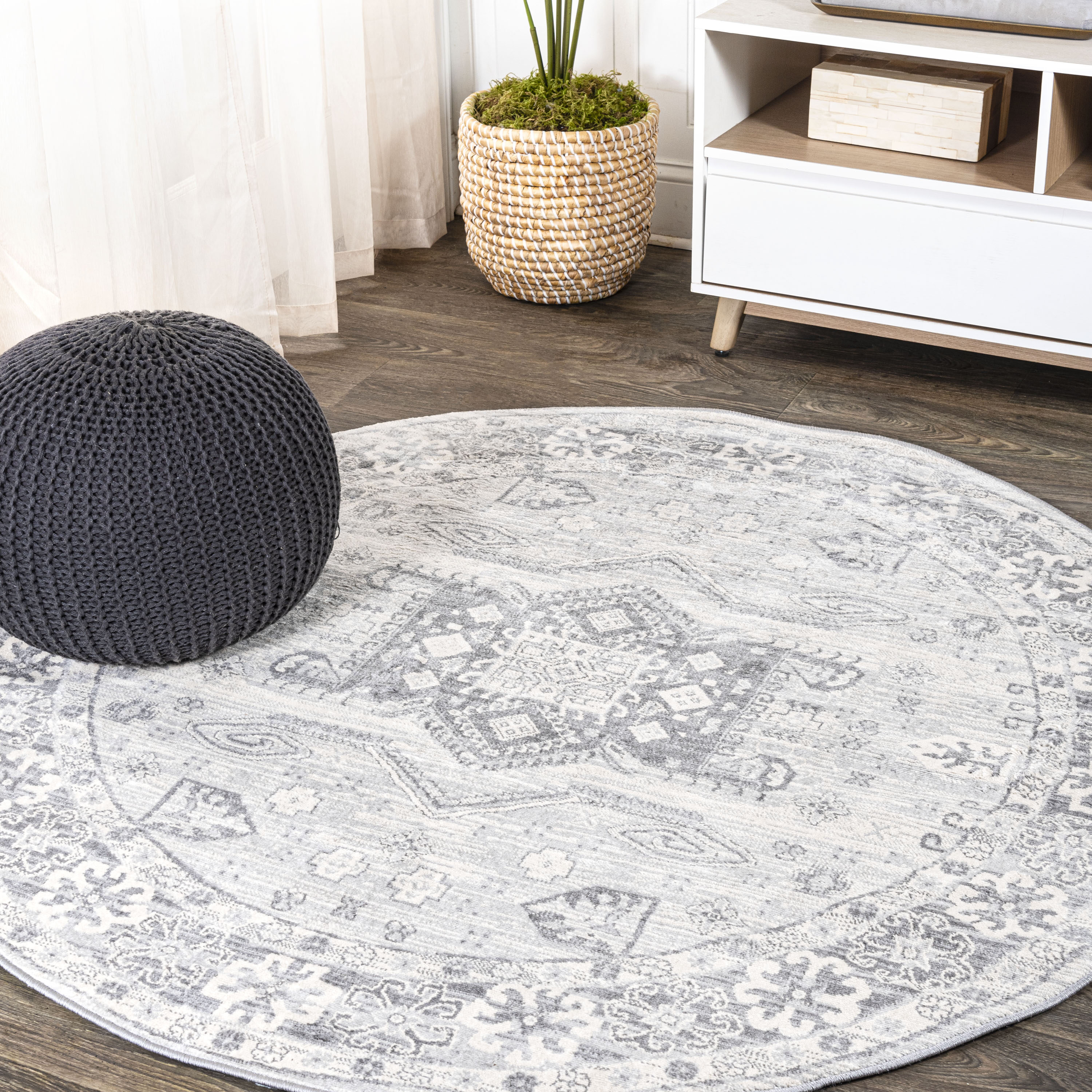JONATHAN  Y MDP108B-5R MODERN PERSIAN Vintage Medallion 5 x 5 (ft) Loomed Polypropylene Light Gray Round Indoor Medallion Persian Area rug