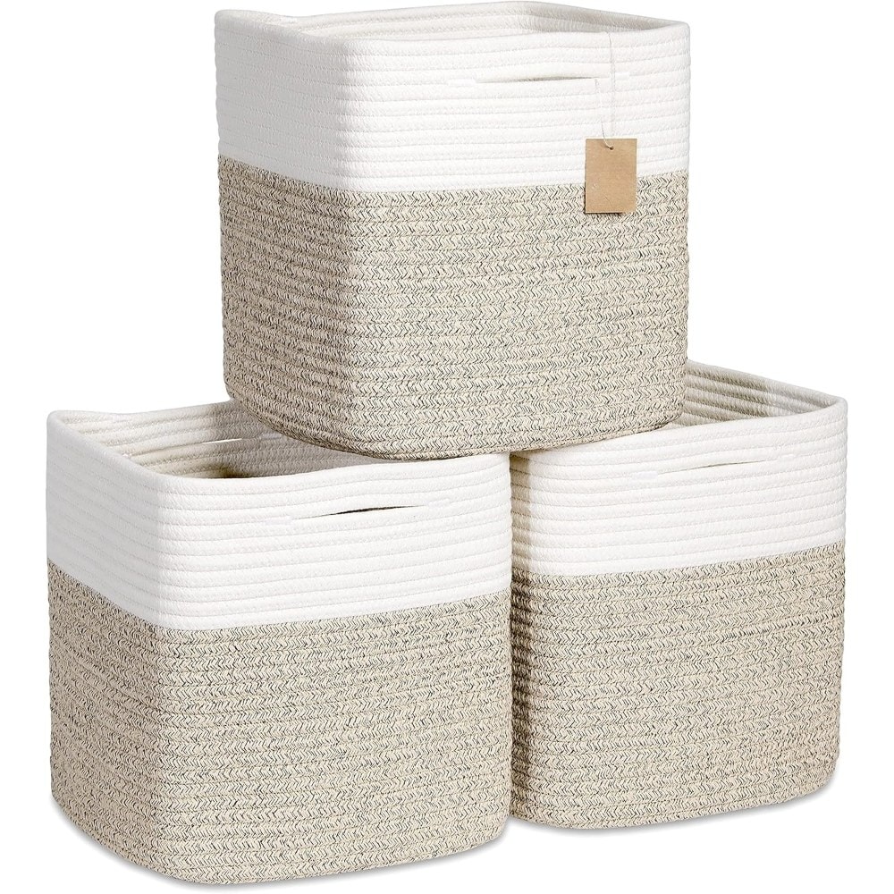 Baginizer  Cotton Rope Woven Storage Cubes 3 Pack 11 Inch Square Bins for Shelves Organizer Classroom Kids Toys Closet Baby Nursery