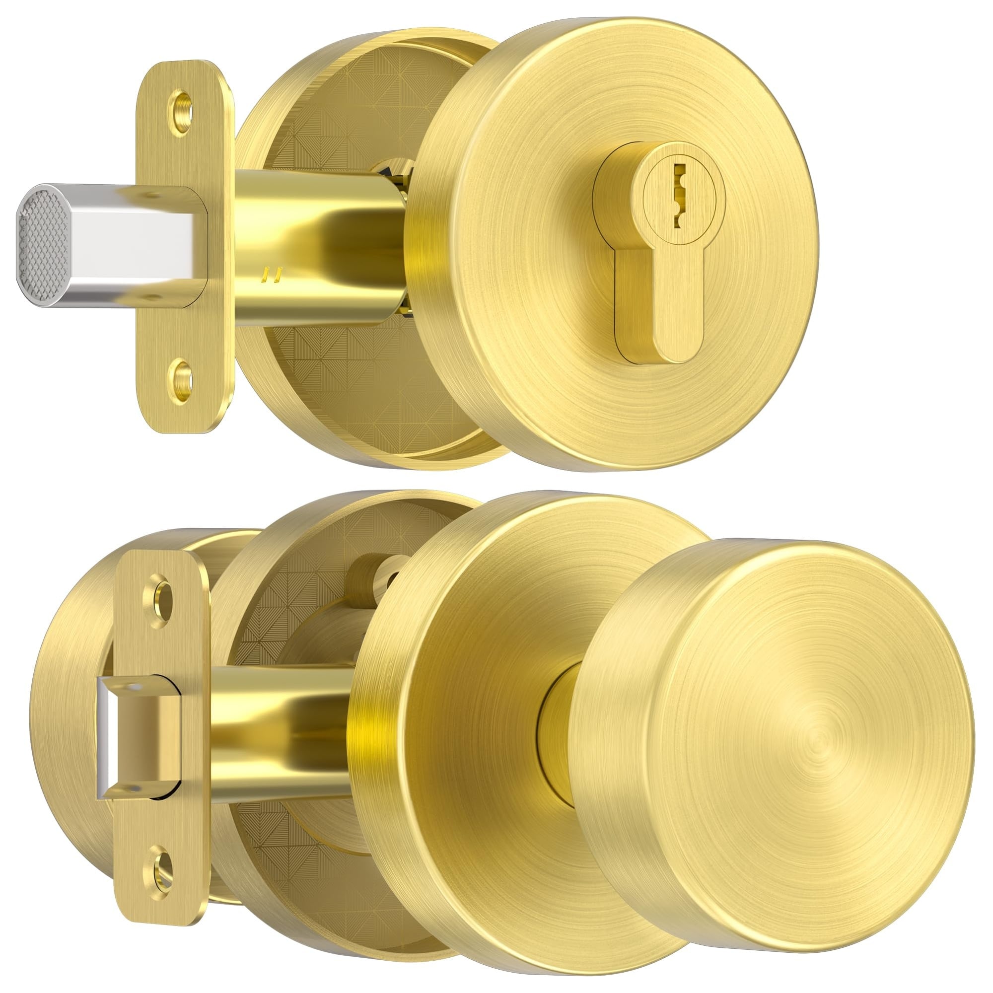 SenQWFa Gold Door Knob with Deadbolt Lock Satin Brass Front Door Handle with Deadbolt Lock Set Round Deadbolt and Exterior Door Knob with Key #LDC0820C090