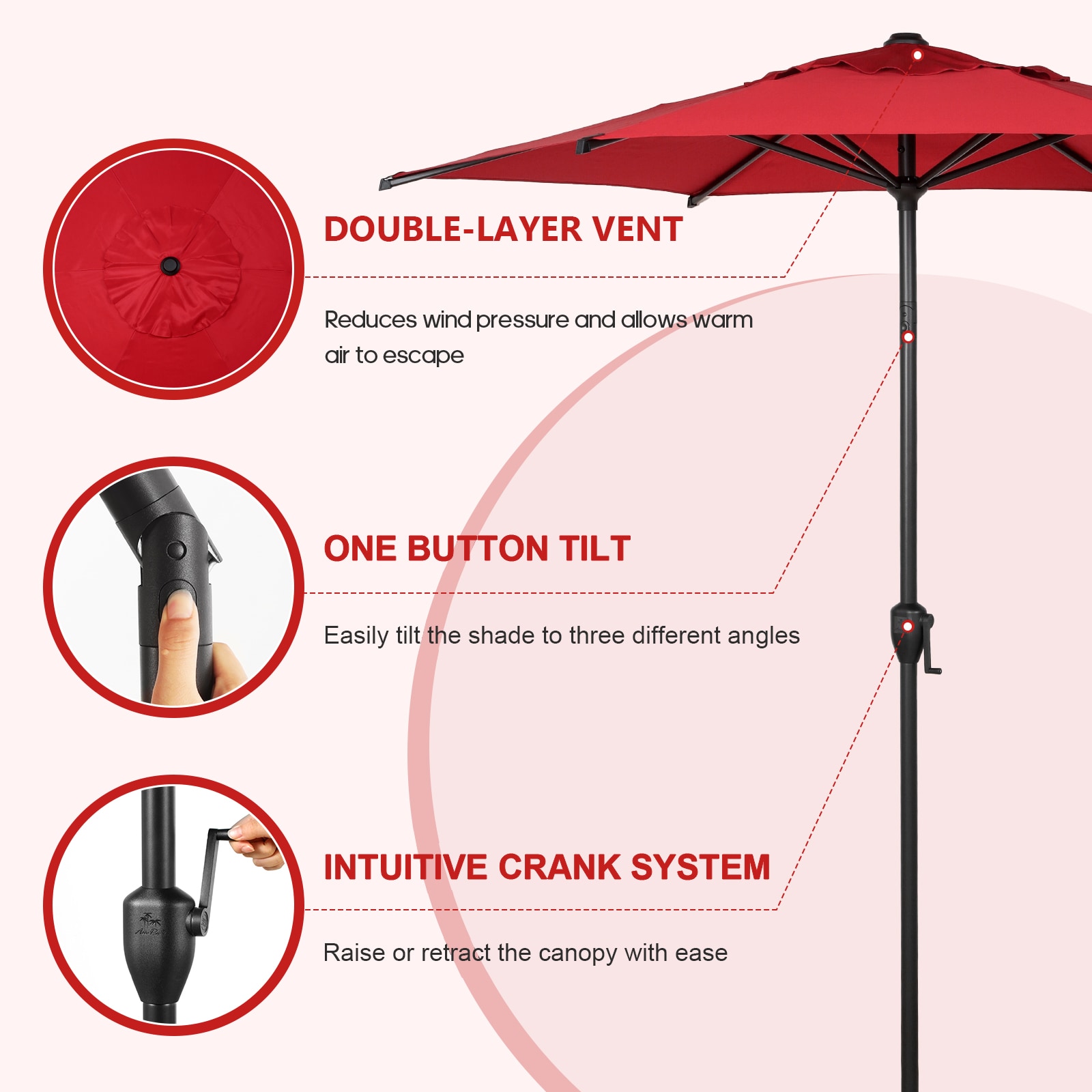 Lyon 7.5ft Red Steel Market Patio Umbrella with Tilt