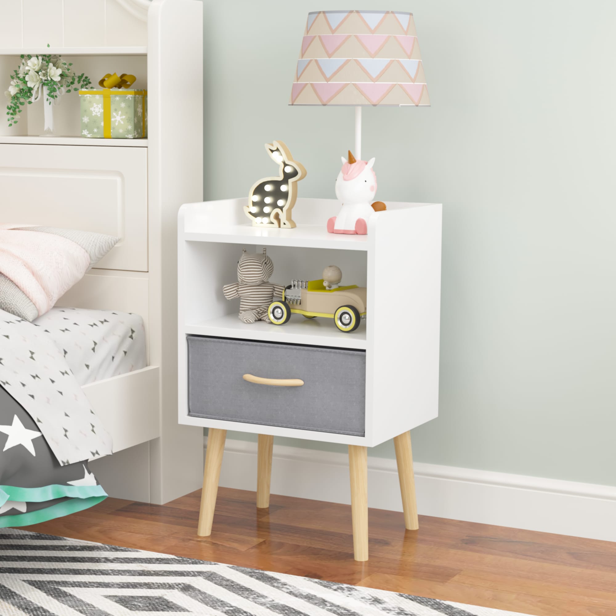 LOVMOR SF-L-W808P291365 Nightstand With Collapsible Fabric Drawer 2 Tier Storage End Table