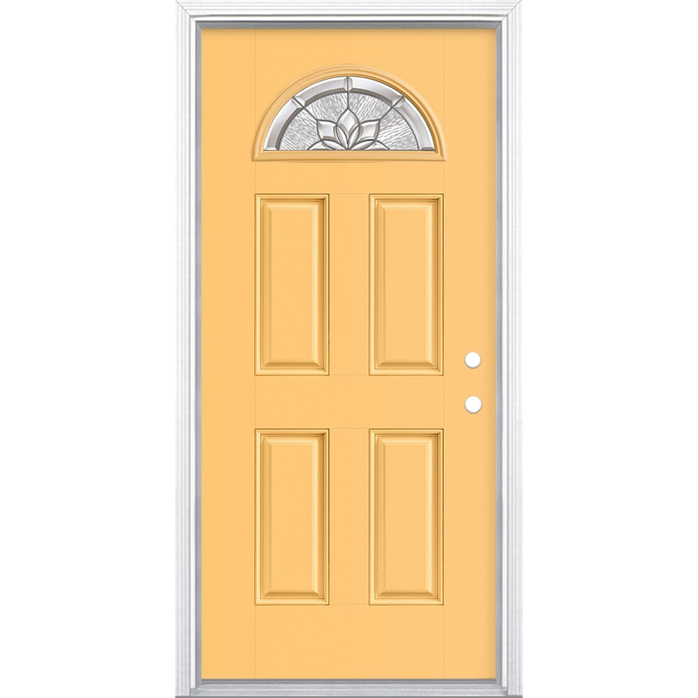 Masonite 3422065 Panama 36-in x 80-in x 4-9/16-in Fiberglass 1/4 lite Left-hand inswing Cabana Yellow Painted Prehung Front Door with Brickmould Insulating core