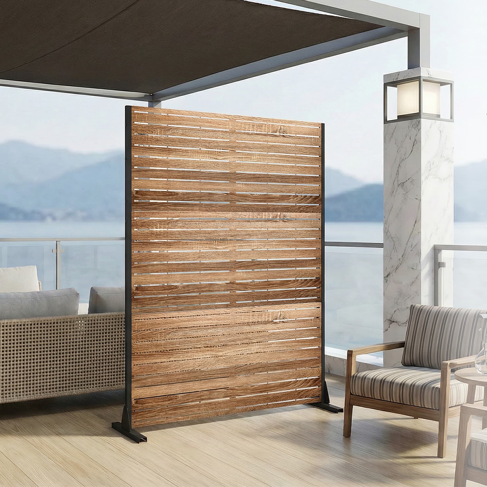 Wooakway - 6 x 4 ft Wood Grain Veneer Louvered Galvanized Steel Privacy Screen Panel