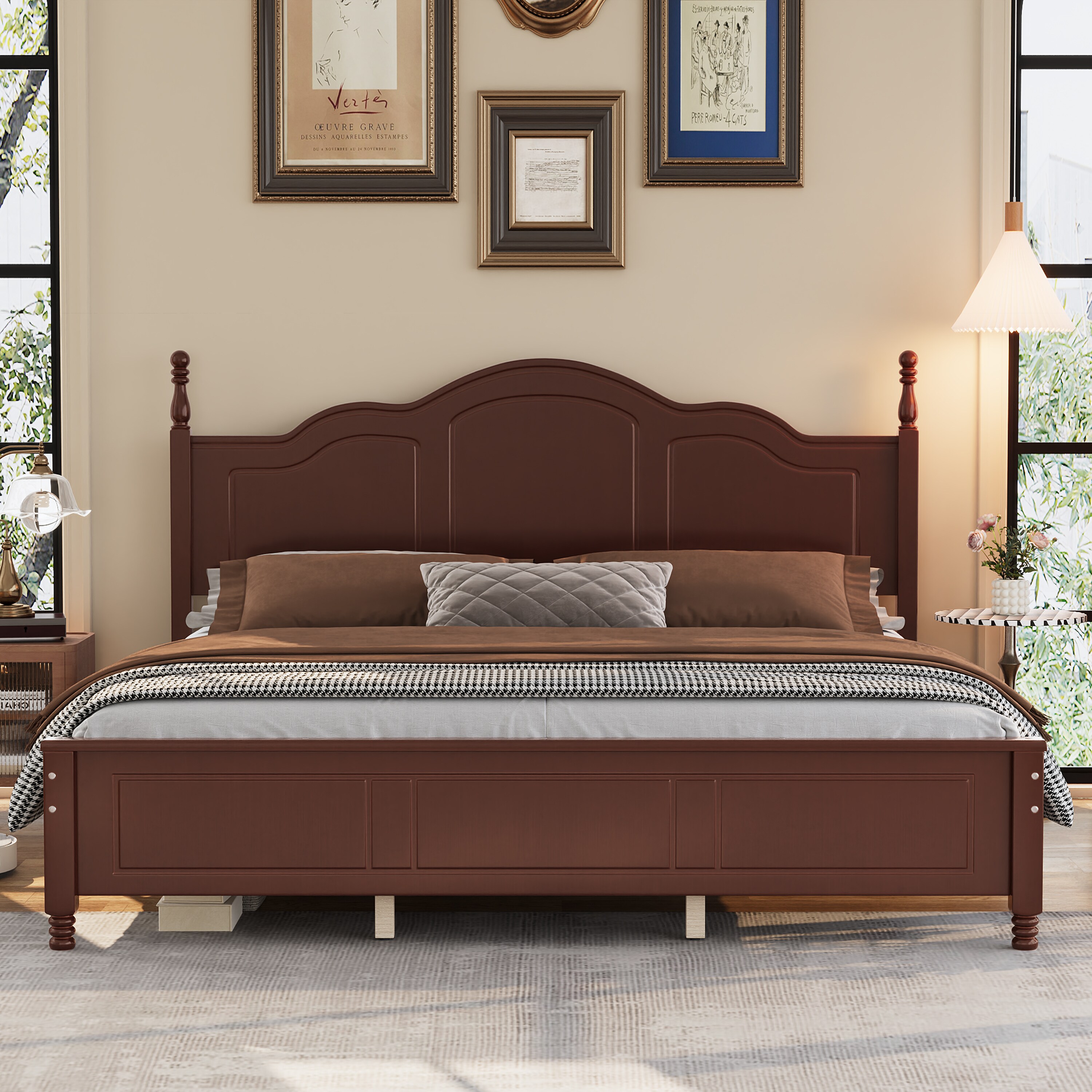 Tinyhomie King Size Platform Bed Frame with Retro Wave Headboard Wooden ...