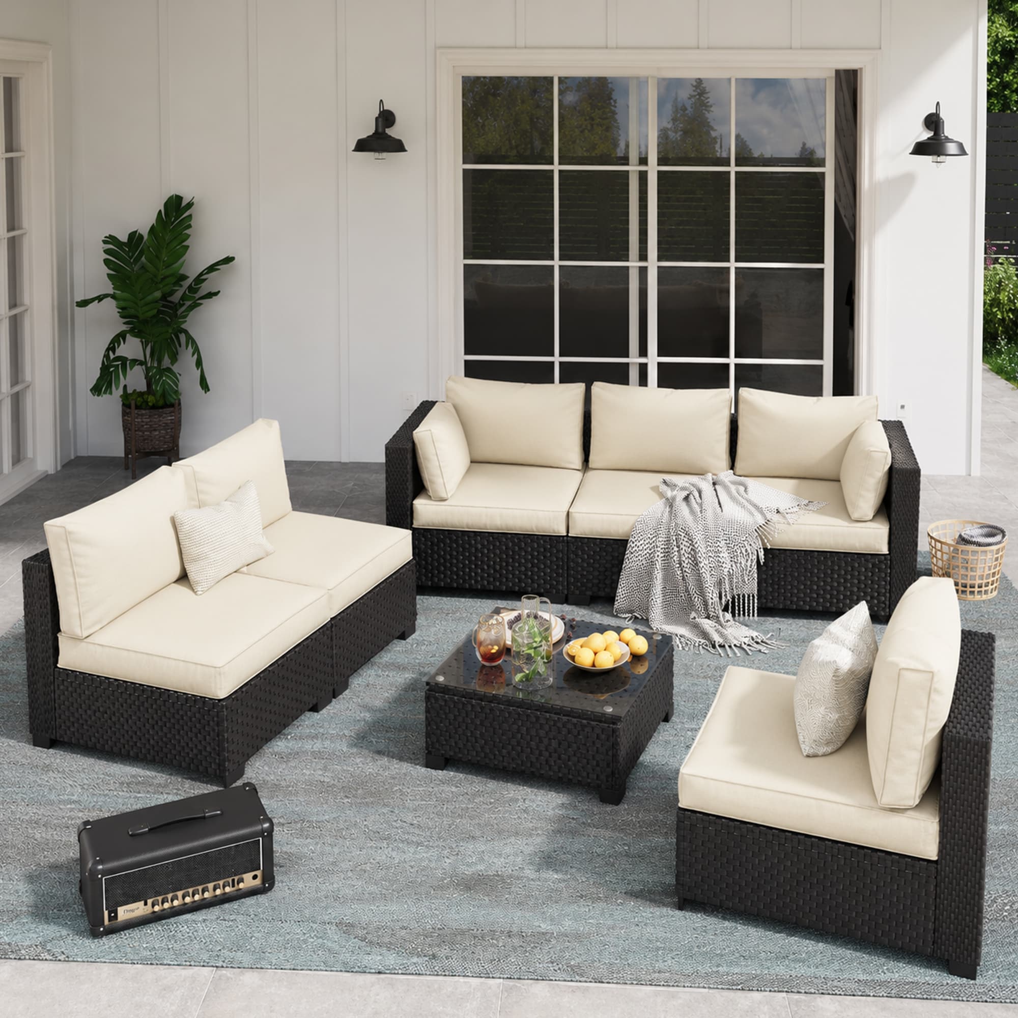 HYALON 7-Piece Wicker Rattan Outdoor Patio Conversation Sofa Seating Set with Coffee Table and Beige Cushions and Sofa Cover