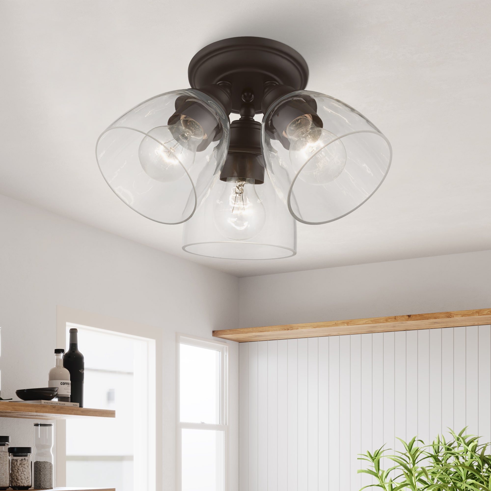 Bronze 3-Light Flush Mount with Clear Glass Shades