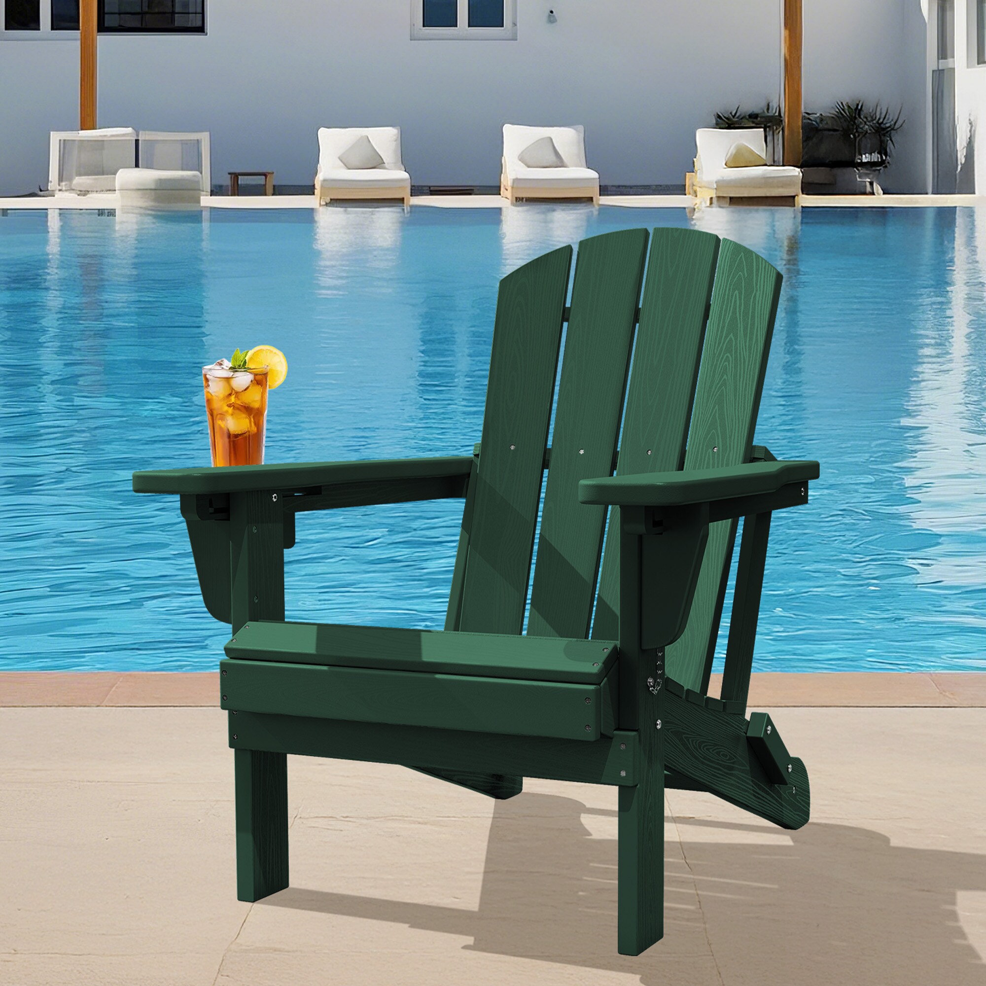 JEAREY PECGTJY-GN HDPE Patio Folding Adirondack Chair with Cup Holder Dark Green HDPE Frame Stationary Adirondack Chair with Slat Seat