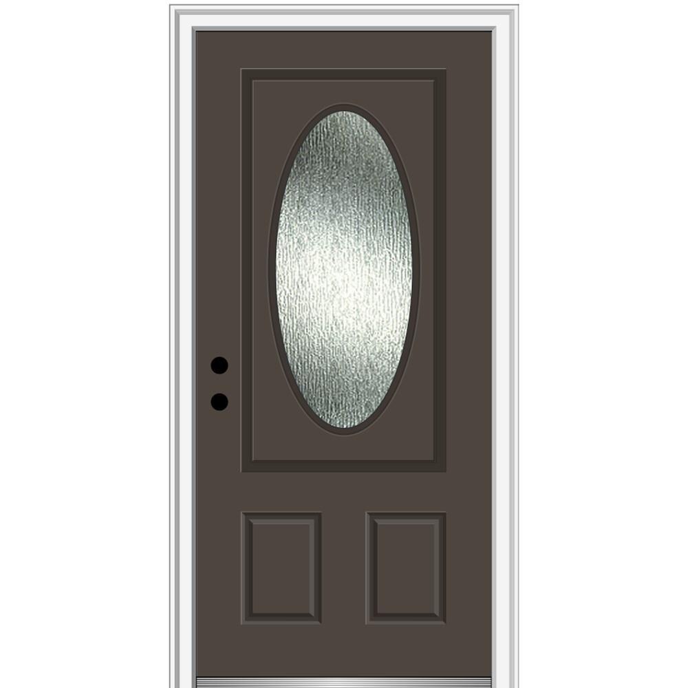 MMI DOOR ZZ367843R Rainglass 36-in x 80-in x 4-9/16-in Fiberglass Oval lite Right-hand inswing Brown Painted Prehung Front Door with Brickmould Solid core