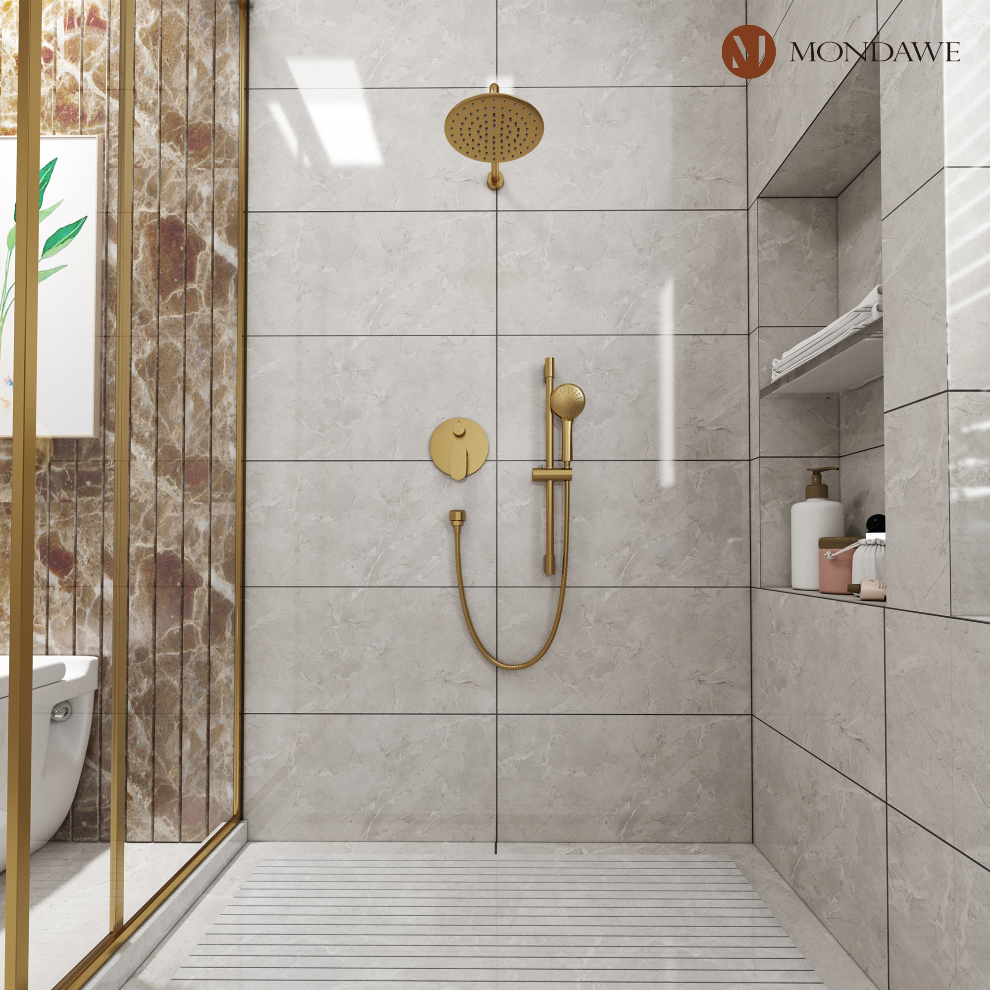 Mondawe Brushed Gold Built-In Shower Faucet System with 2-way Diverter  Pressure-balanced Valve Included in the Shower Systems department at